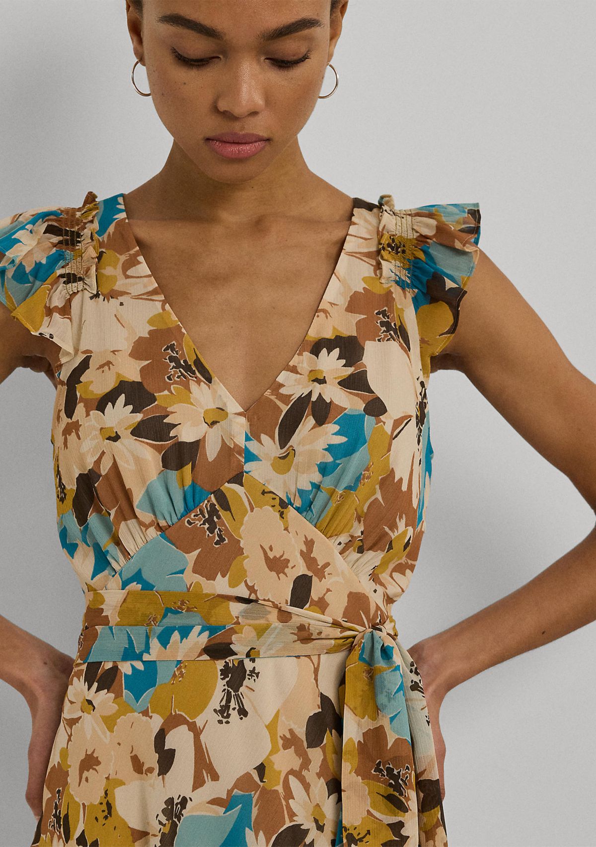 Womens Floral Belted Crinkle Georgette Dress