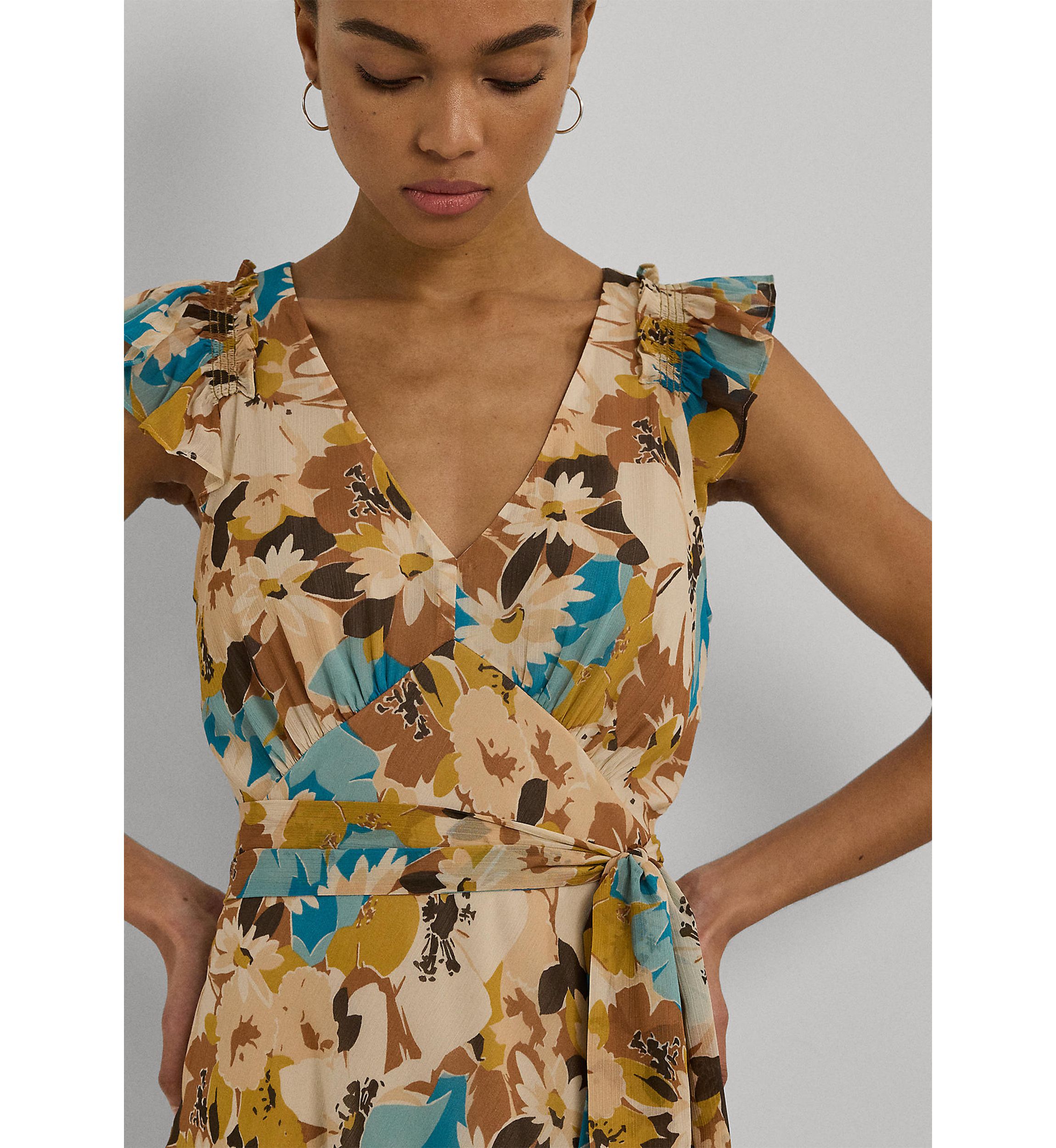 Womens Floral Belted Crinkle Georgette Dress