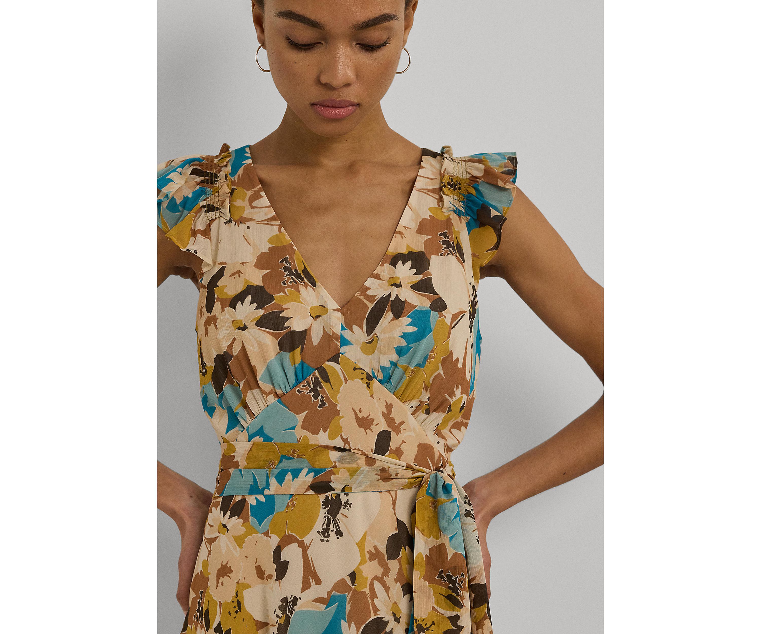 Womens Floral Belted Crinkle Georgette Dress