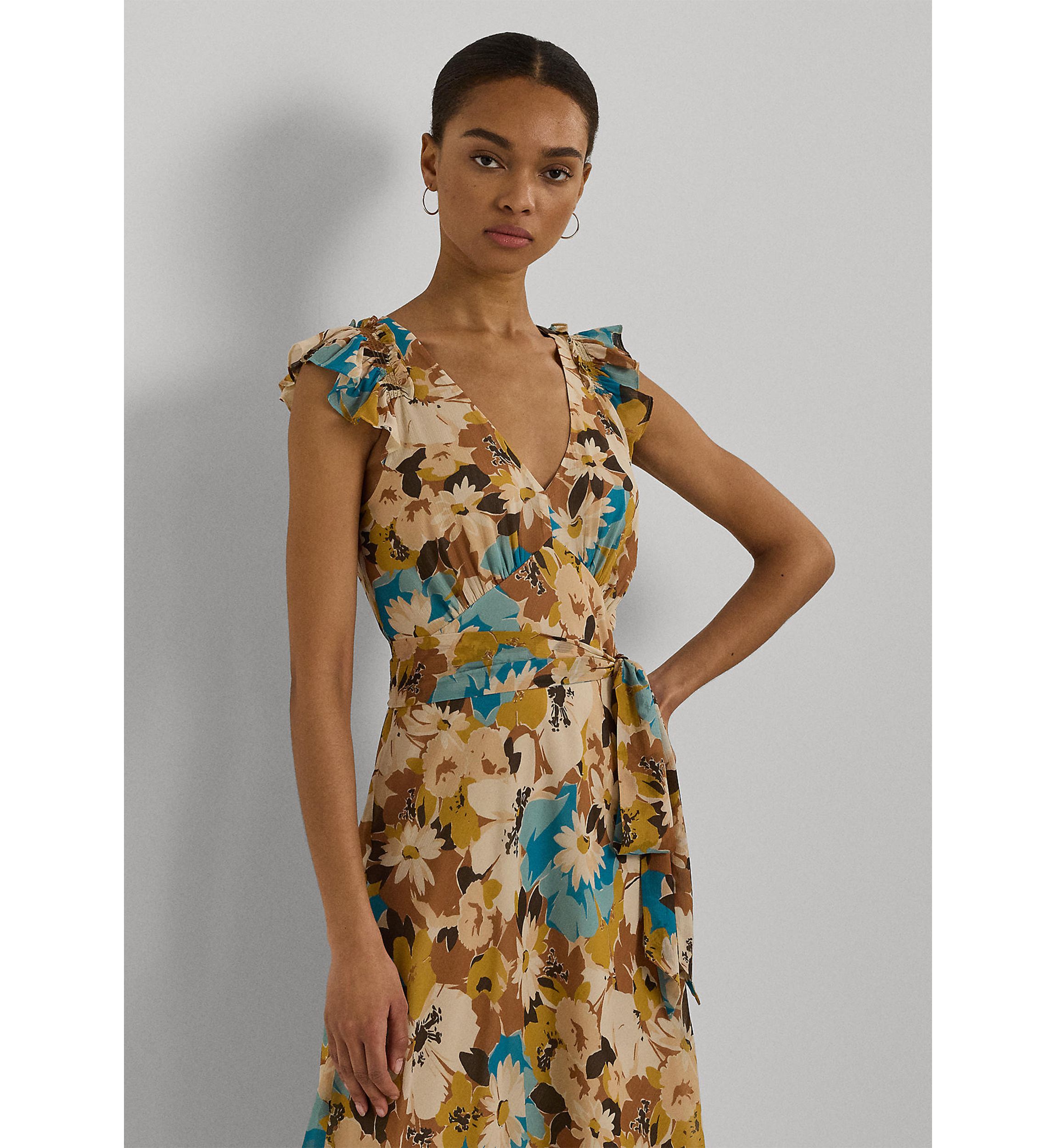Womens Floral Belted Crinkle Georgette Dress
