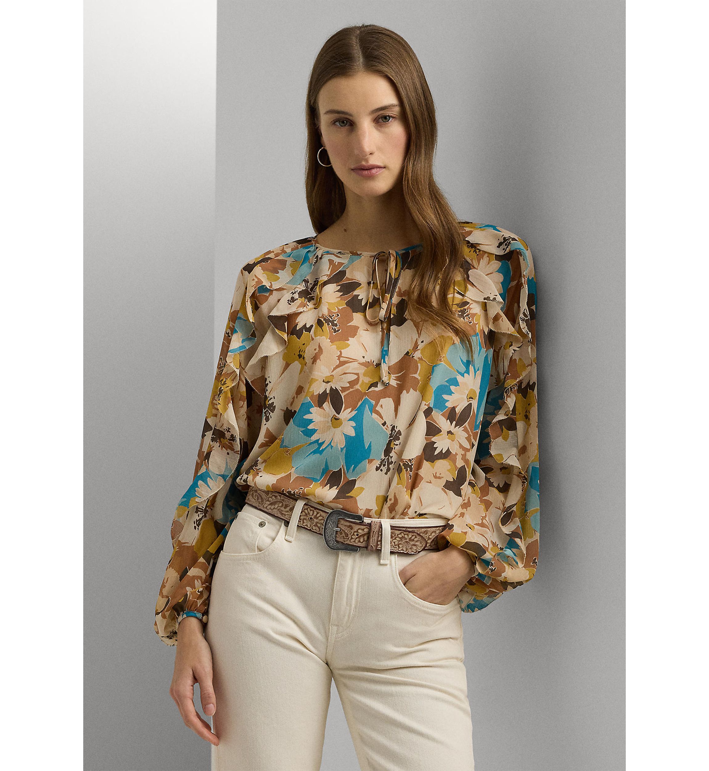 Womens Floral Crinkle Georgette Tie-Neck Blouse
