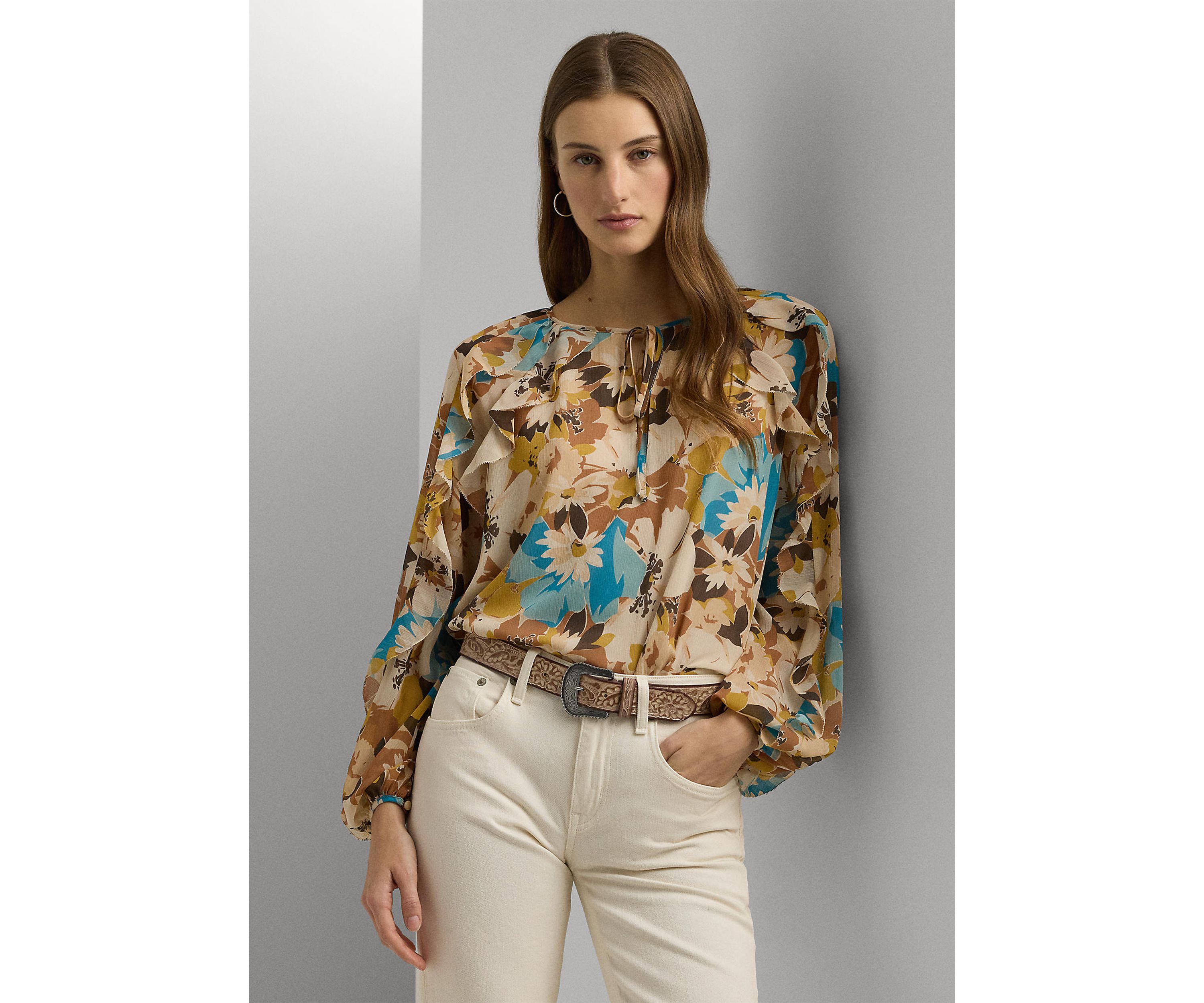 Womens Floral Crinkle Georgette Tie-Neck Blouse