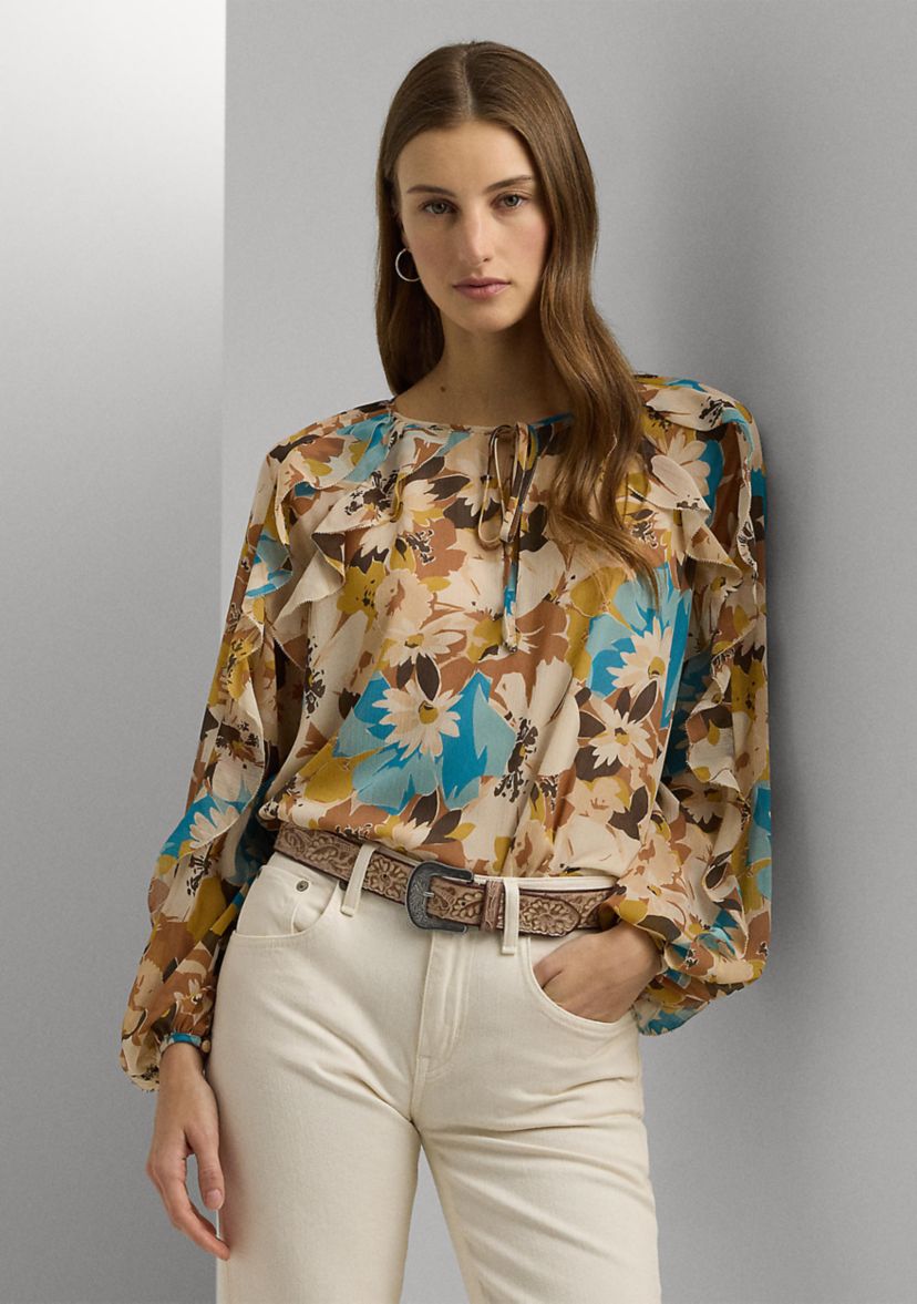 Womens Floral Crinkle Georgette Tie-Neck Blouse