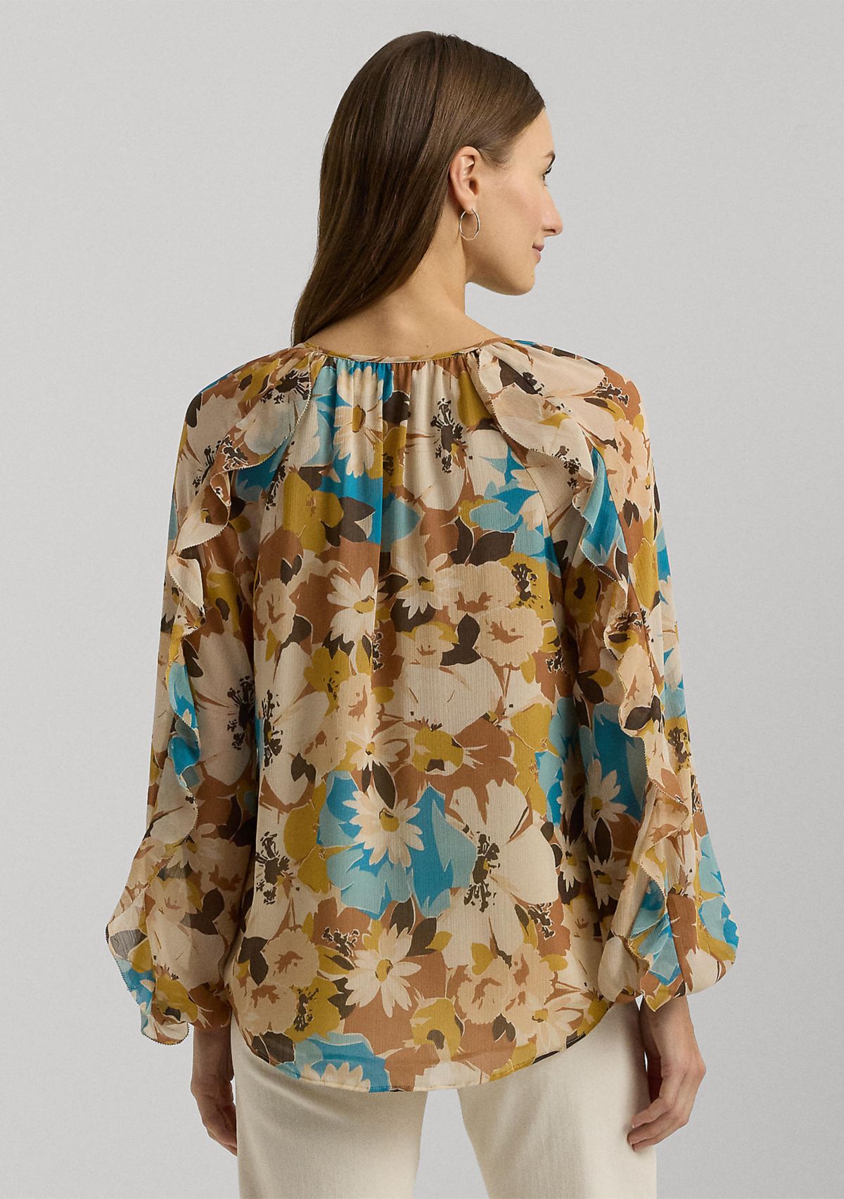 Womens Floral Crinkle Georgette Tie-Neck Blouse