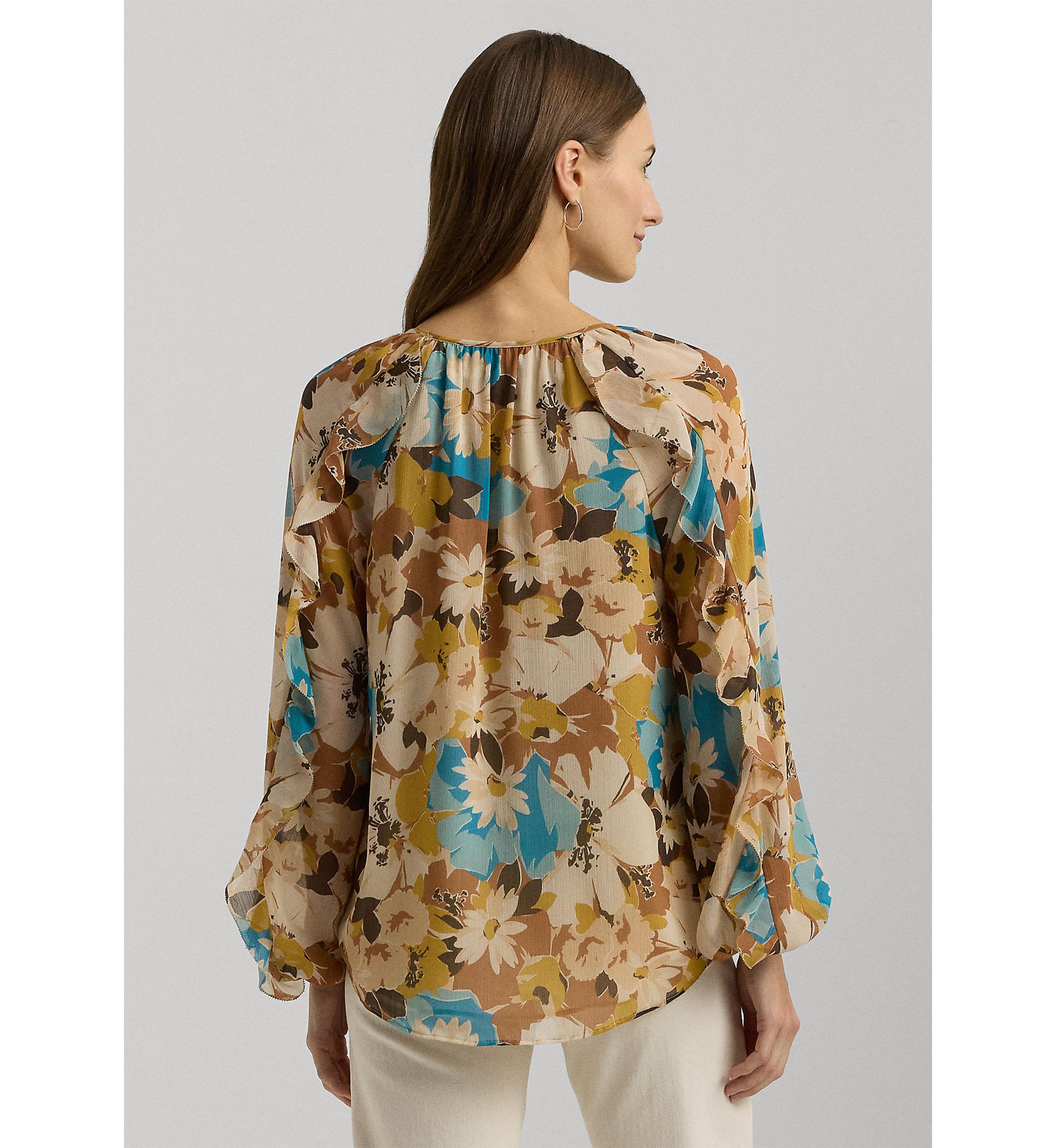 Womens Floral Crinkle Georgette Tie-Neck Blouse