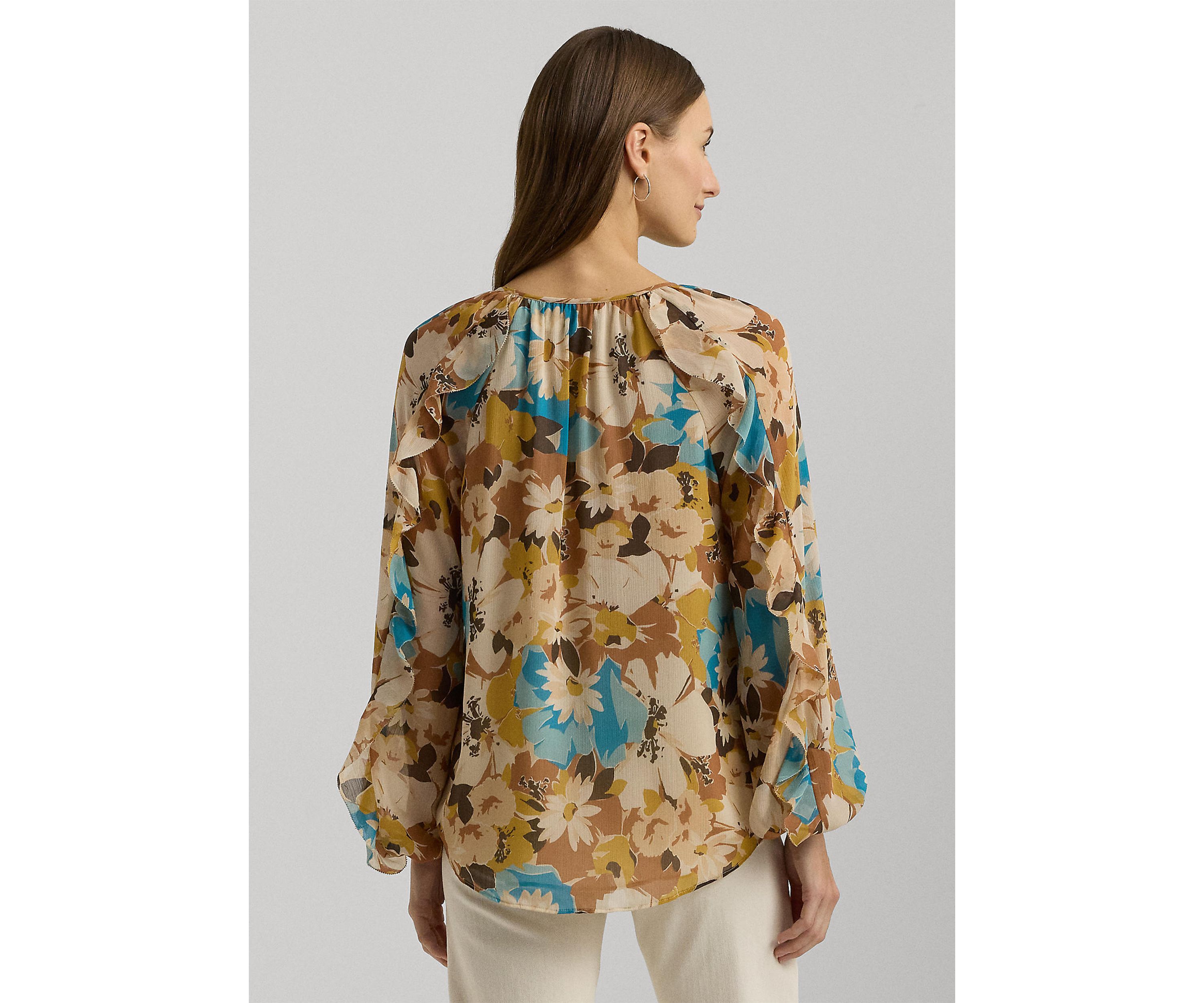 Womens Floral Crinkle Georgette Tie-Neck Blouse