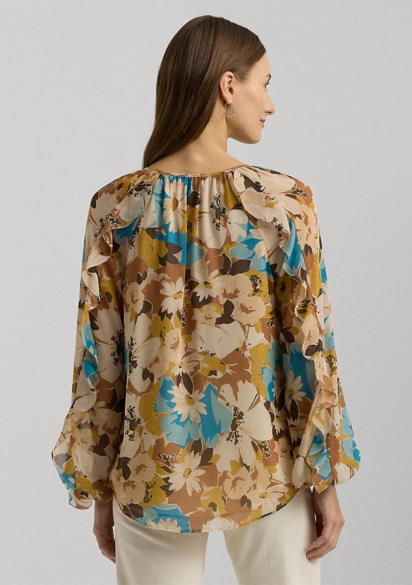 Womens Floral Crinkle Georgette Tie-Neck Blouse