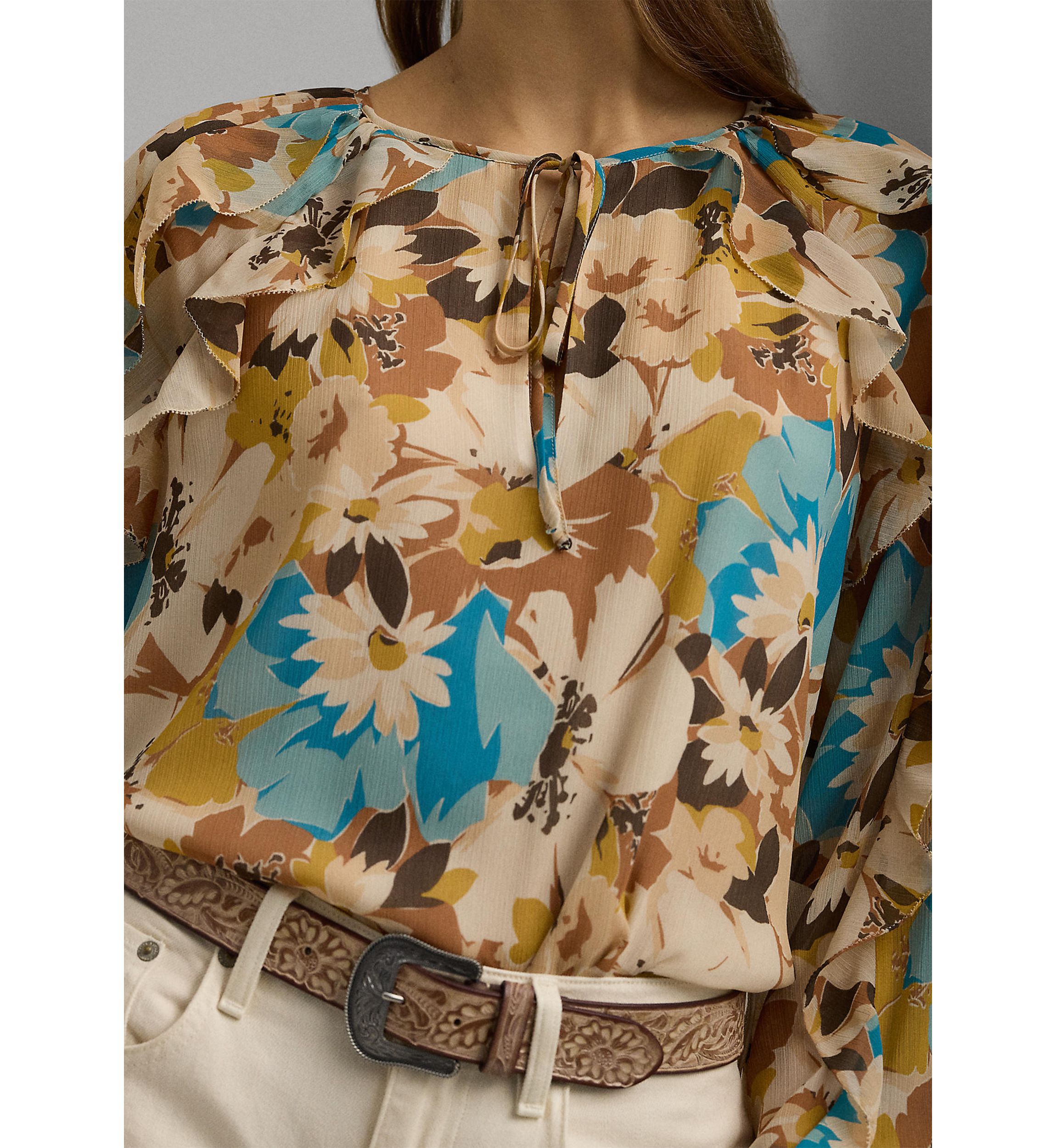 Womens Floral Crinkle Georgette Tie-Neck Blouse