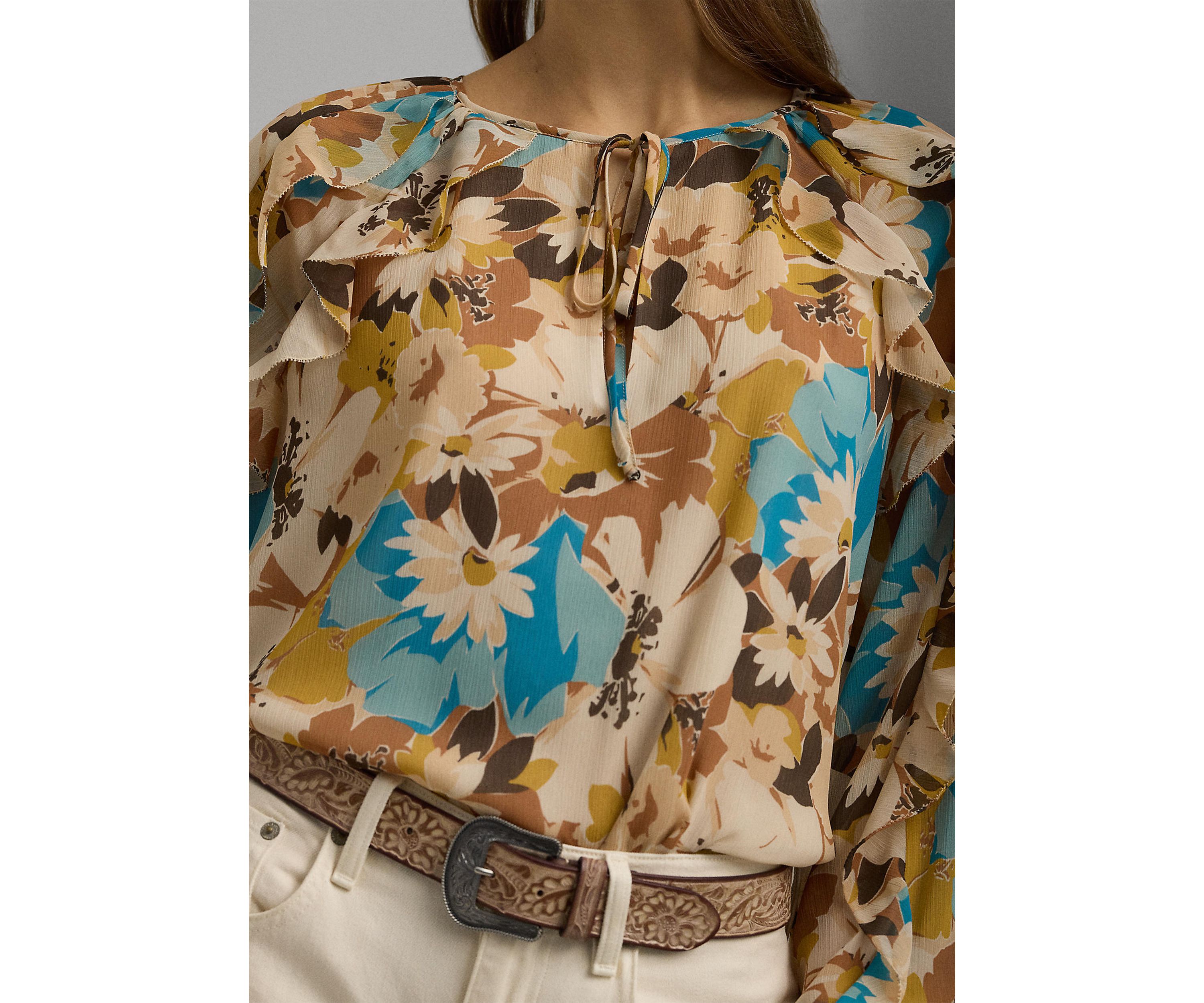 Womens Floral Crinkle Georgette Tie-Neck Blouse