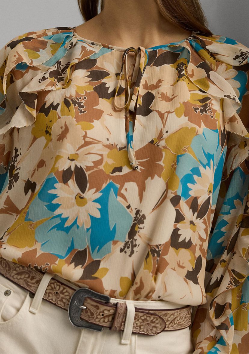 Womens Floral Crinkle Georgette Tie-Neck Blouse