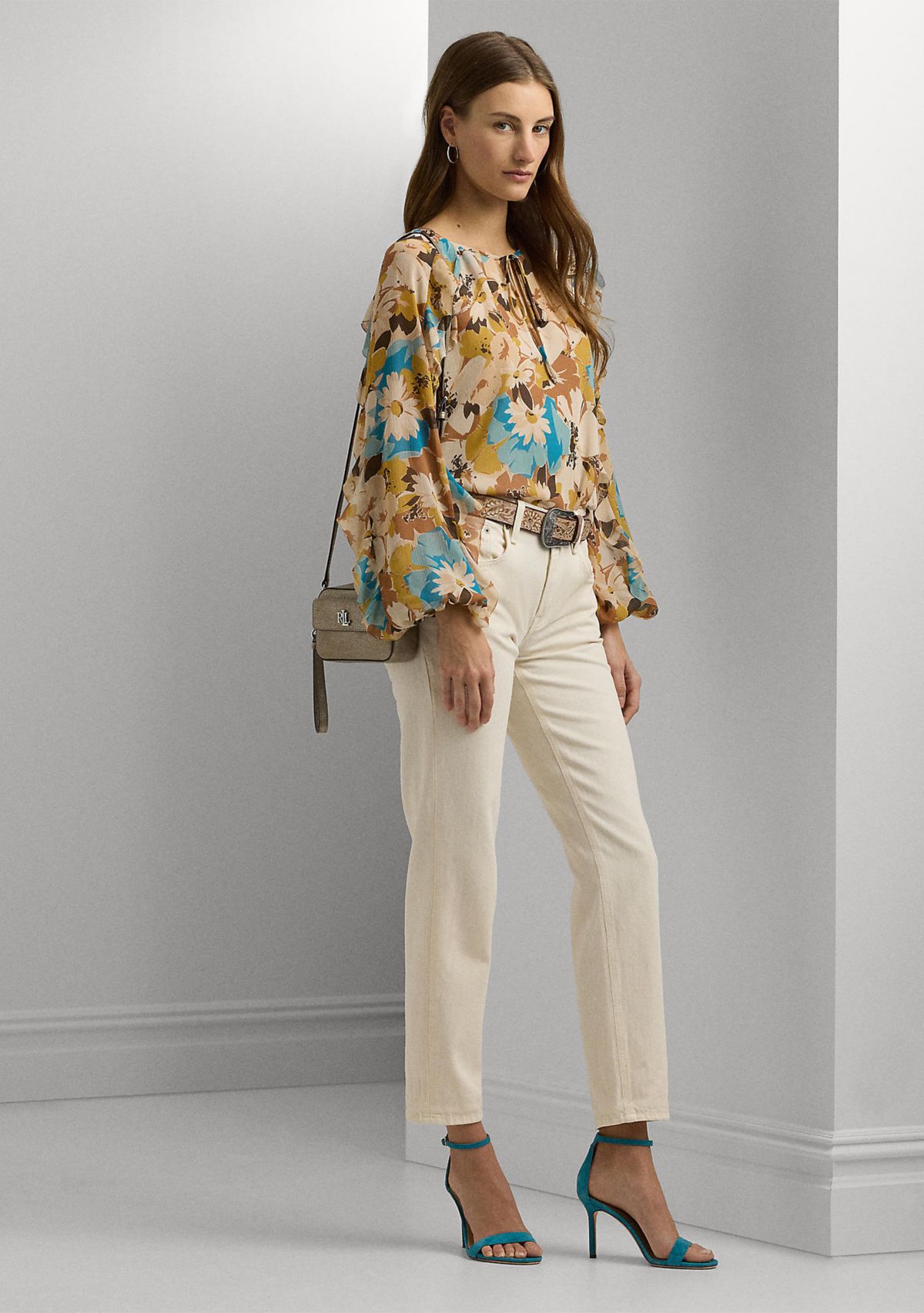 Womens Floral Crinkle Georgette Tie-Neck Blouse