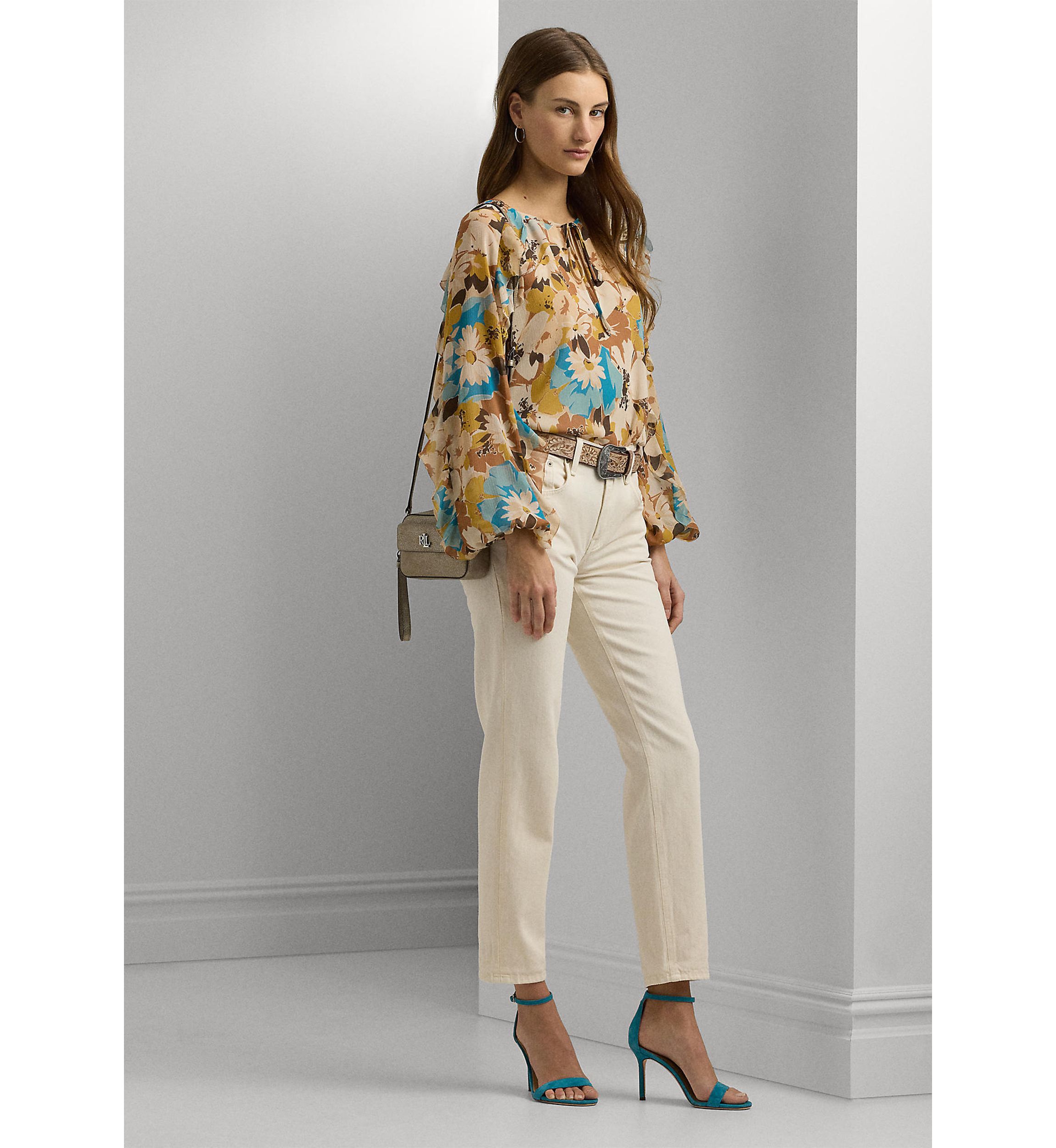 Womens Floral Crinkle Georgette Tie-Neck Blouse