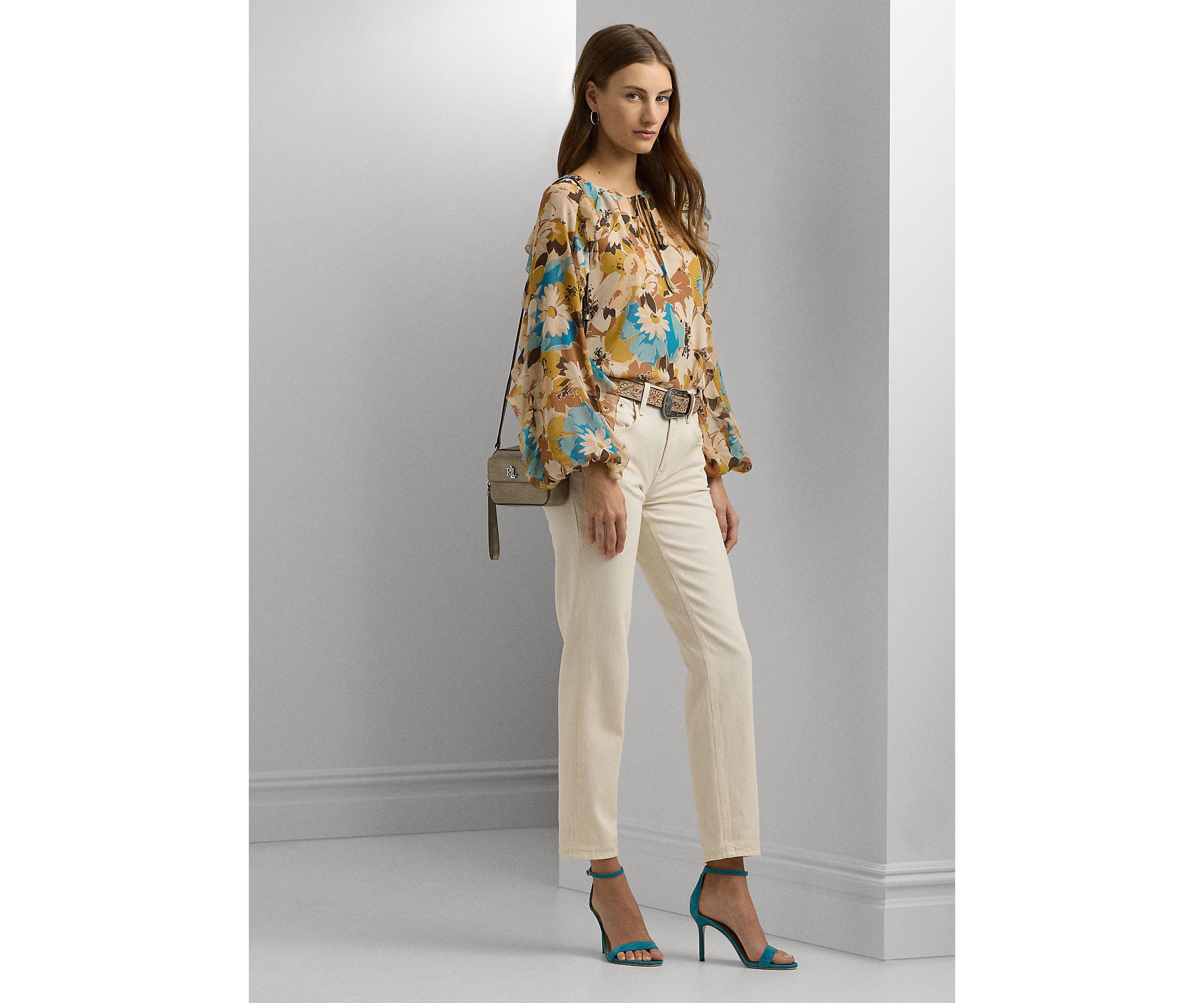 Womens Floral Crinkle Georgette Tie-Neck Blouse
