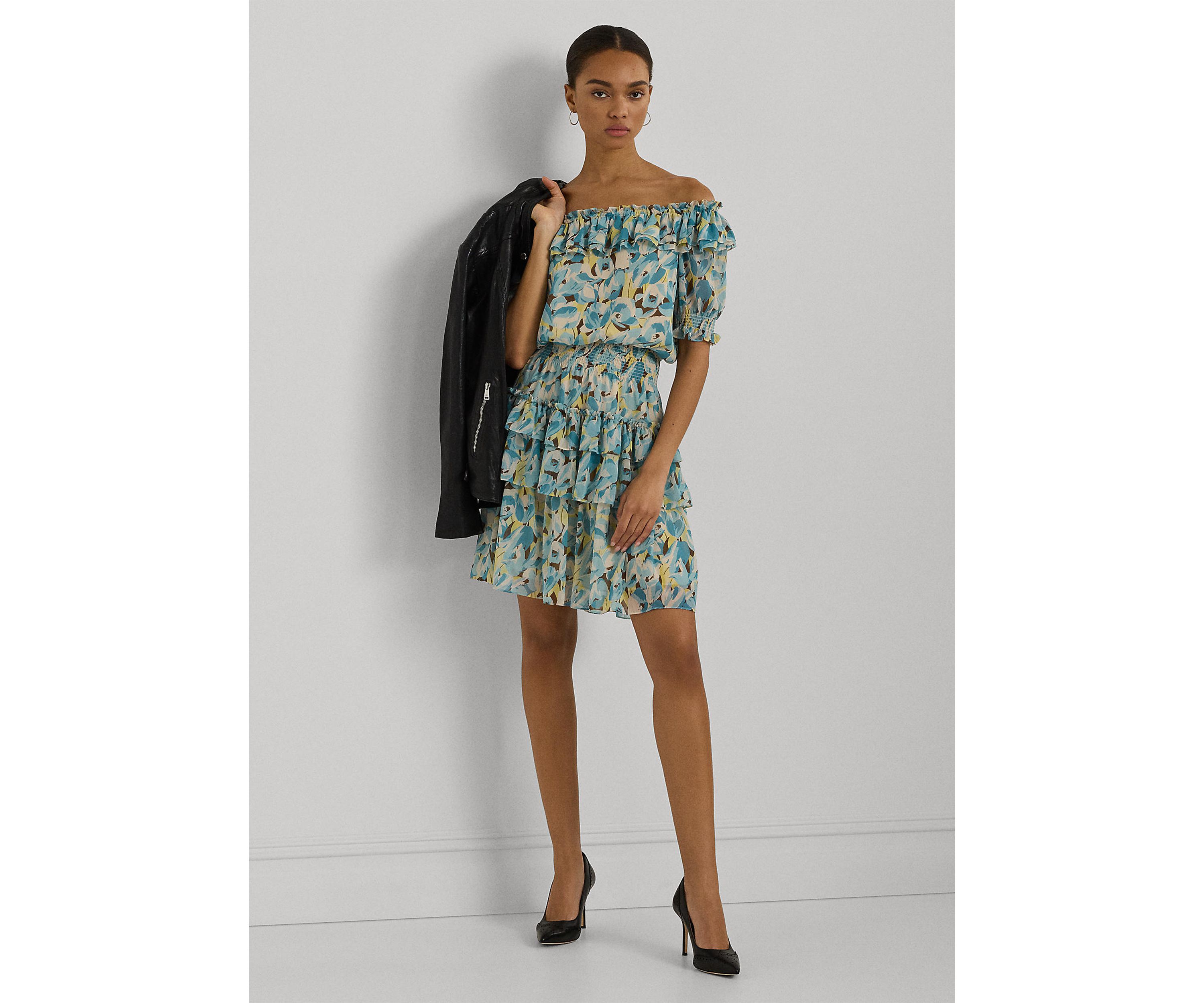 Floral Ruffle Trim Georgette Dress