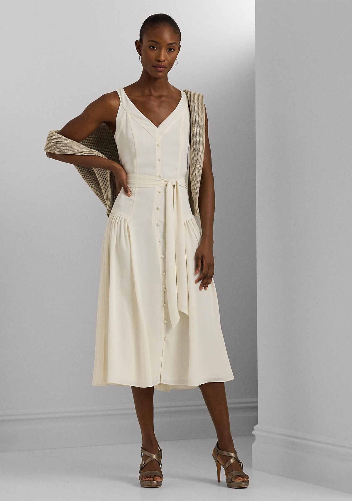 Belted Georgette Sleeveless Dress