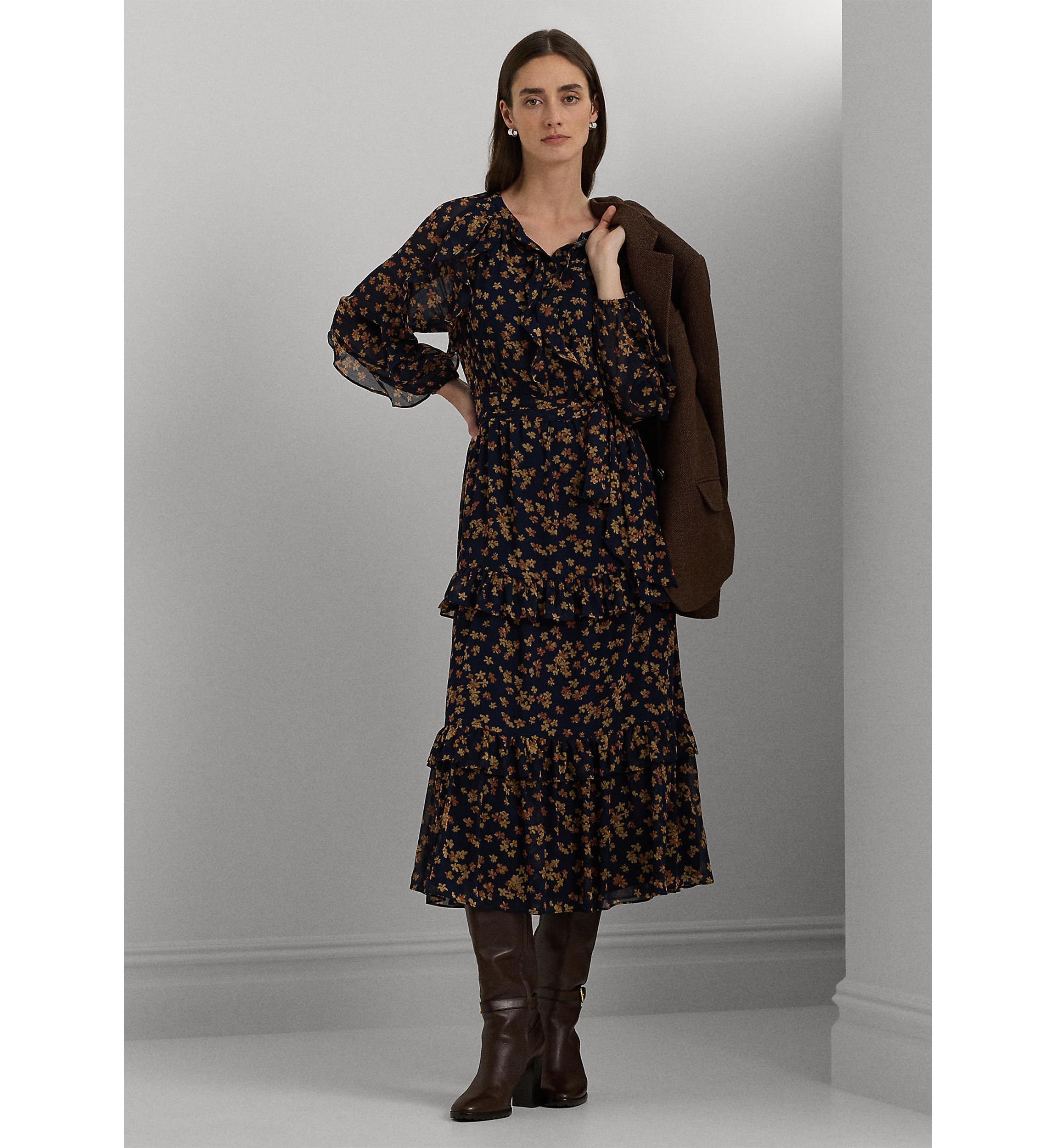 Womens Floral Ruffle-Trim Georgette Dress
