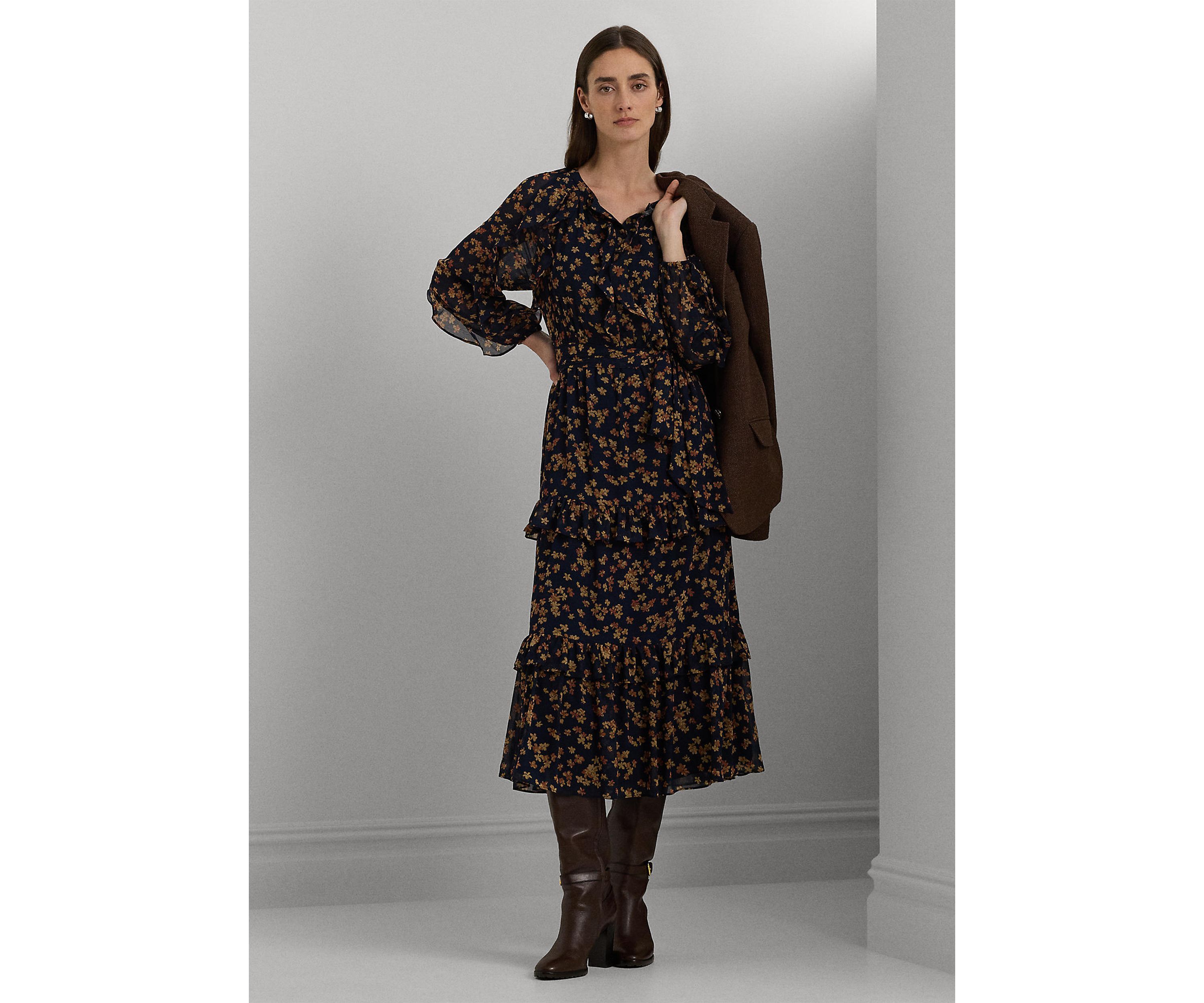 Womens Floral Ruffle-Trim Georgette Dress