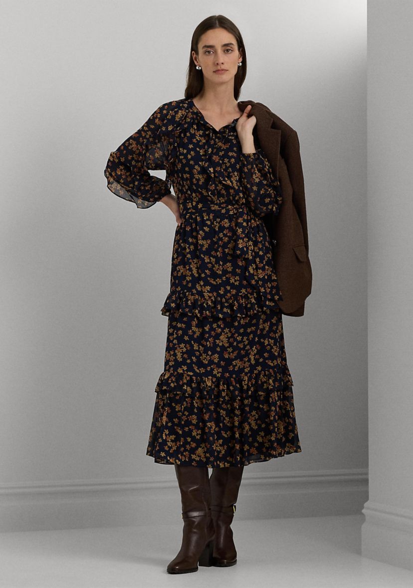 Womens Floral Ruffle-Trim Georgette Dress