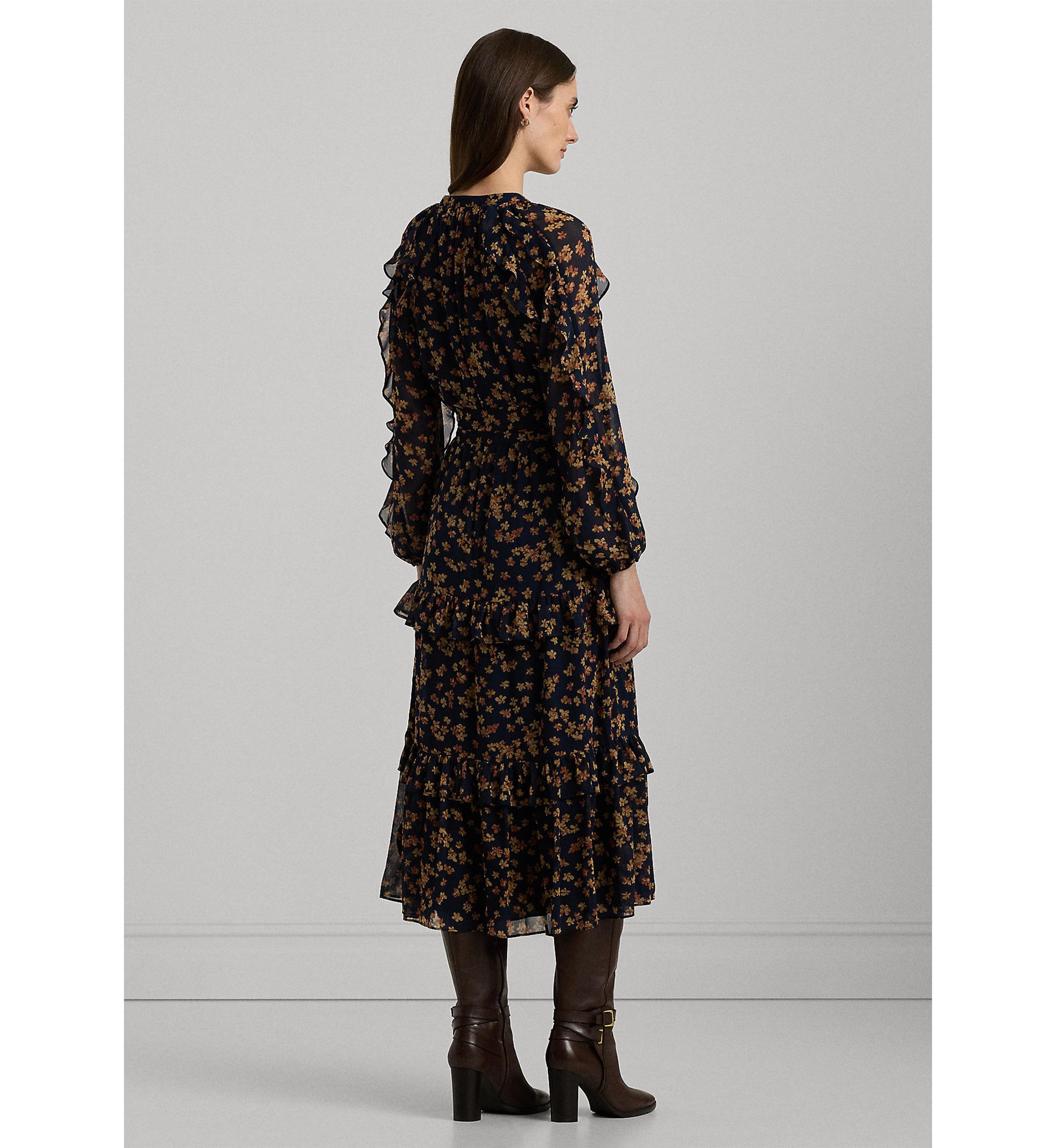 Womens Floral Ruffle-Trim Georgette Dress