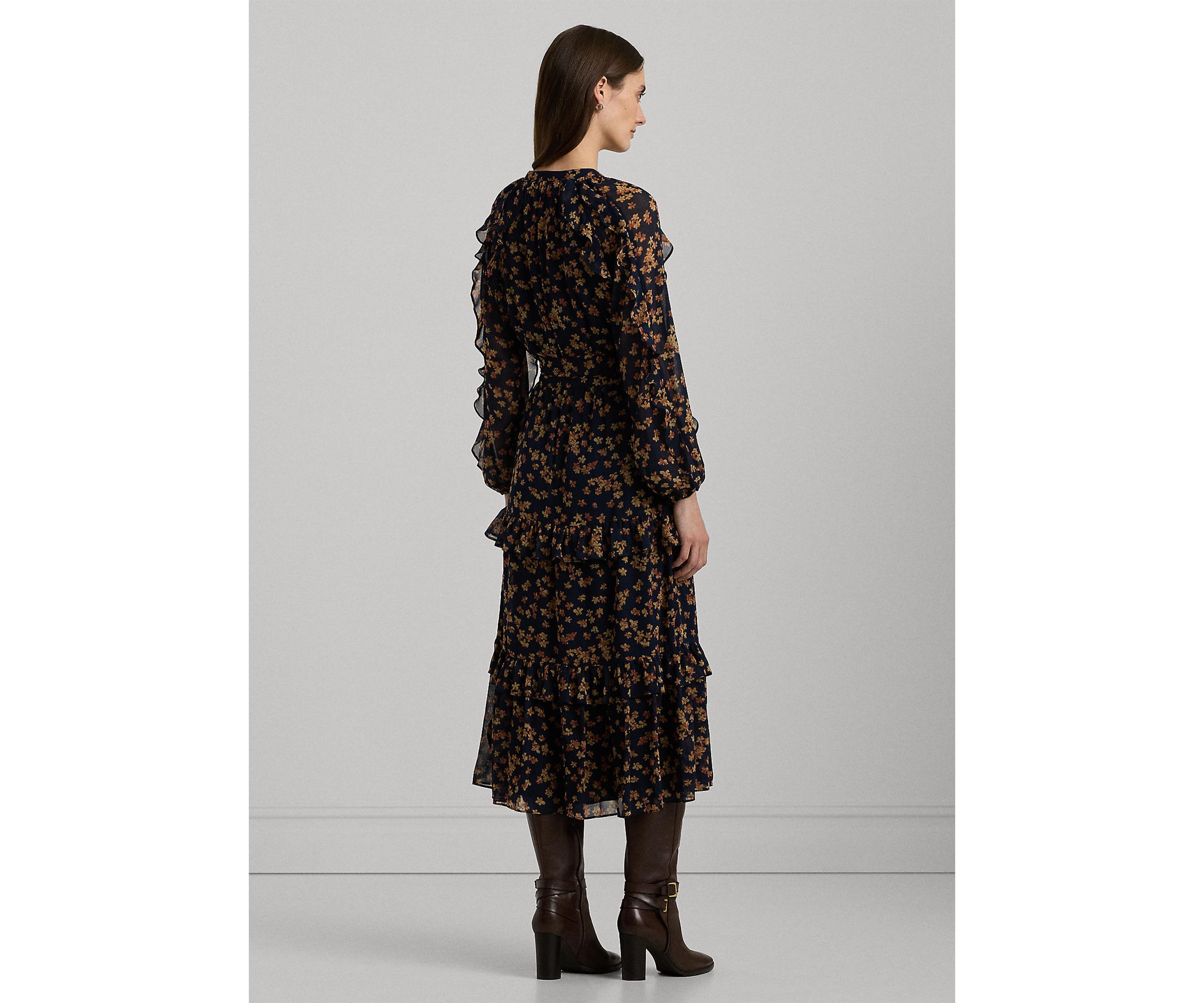 Womens Floral Ruffle-Trim Georgette Dress