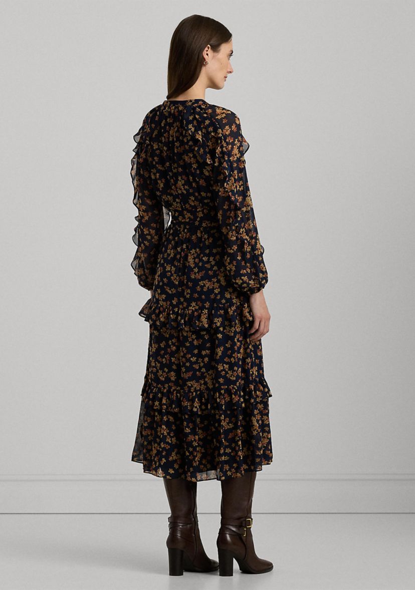 Womens Floral Ruffle-Trim Georgette Dress