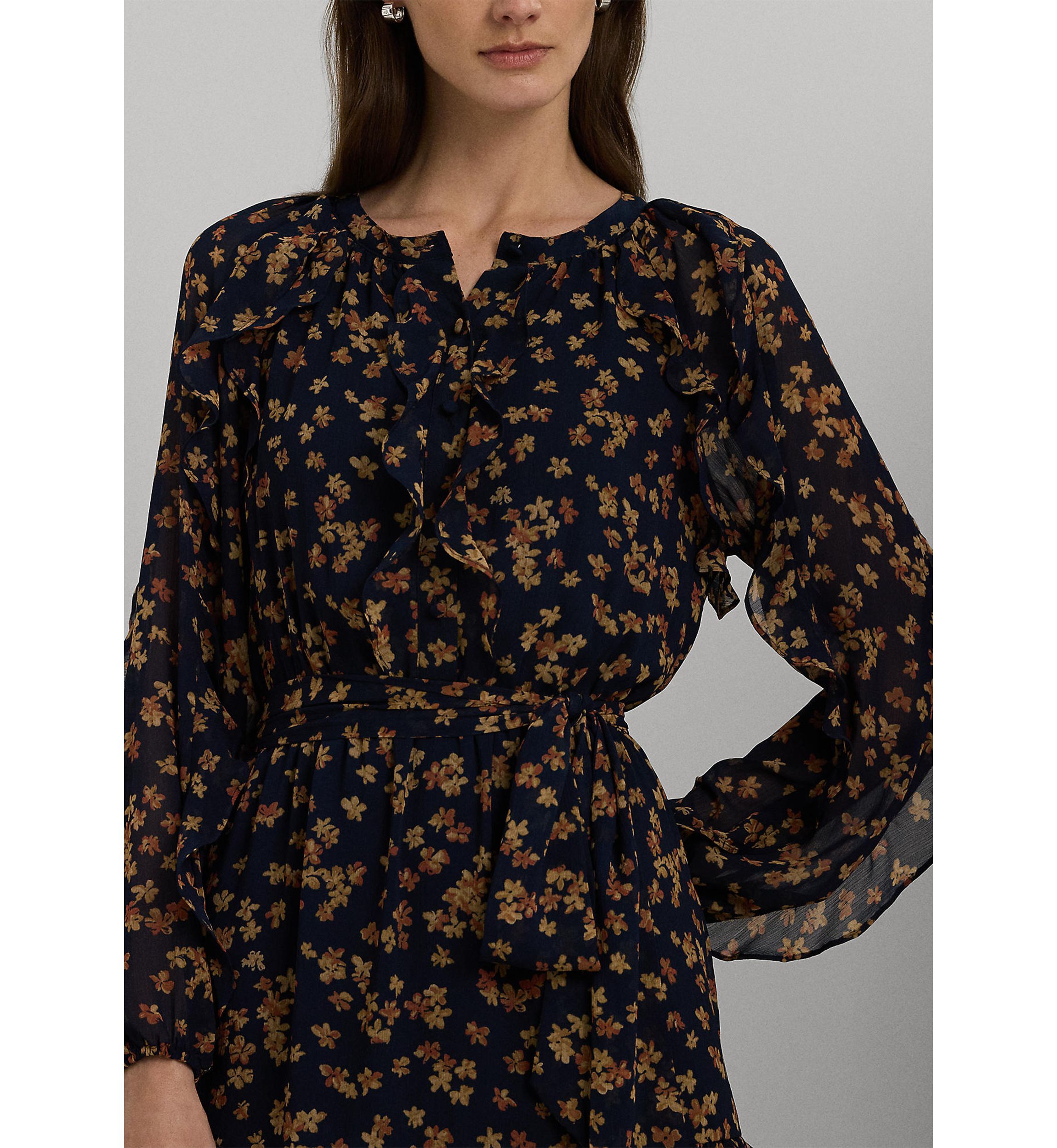 Womens Floral Ruffle-Trim Georgette Dress