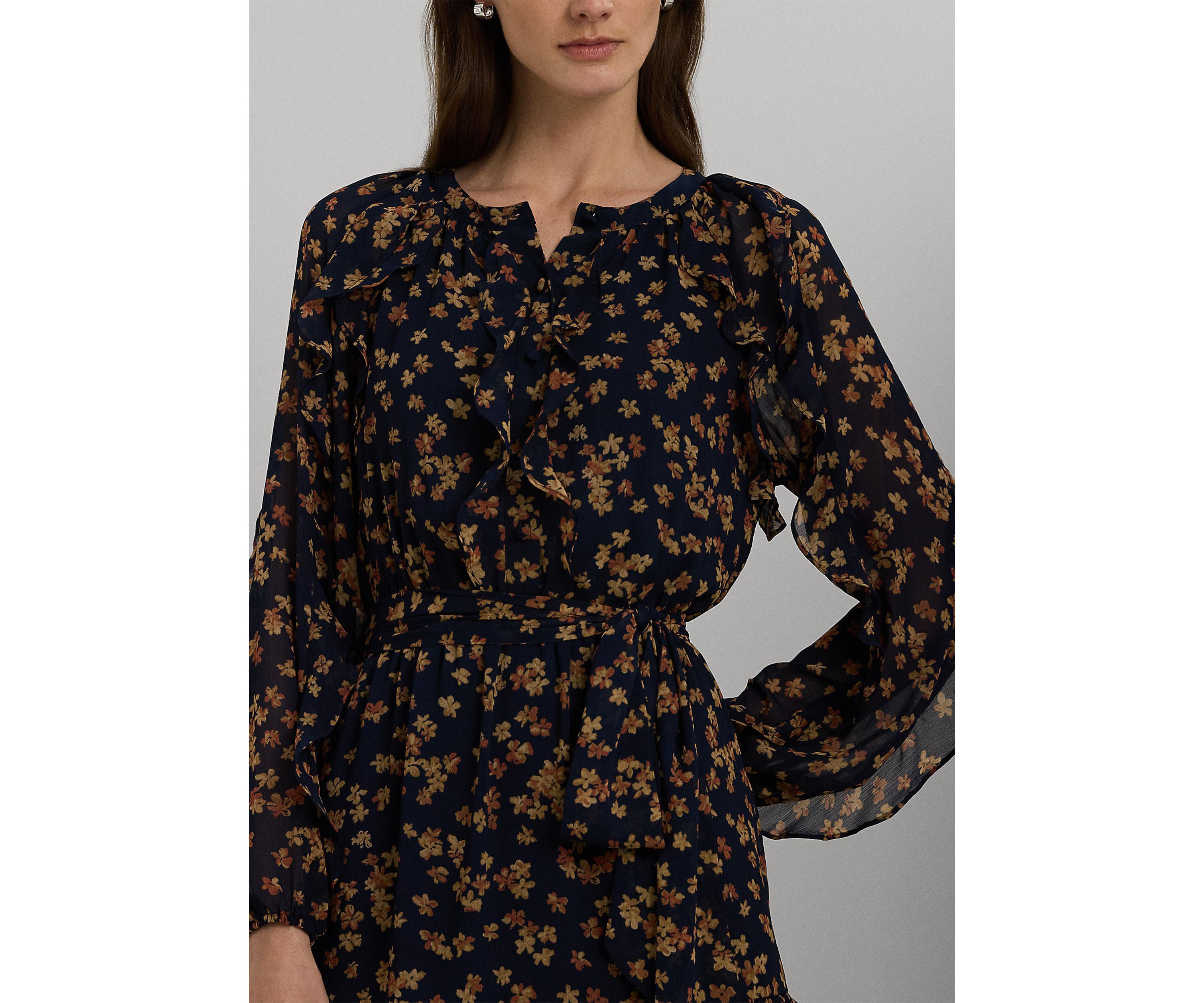 Womens Floral Ruffle-Trim Georgette Dress
