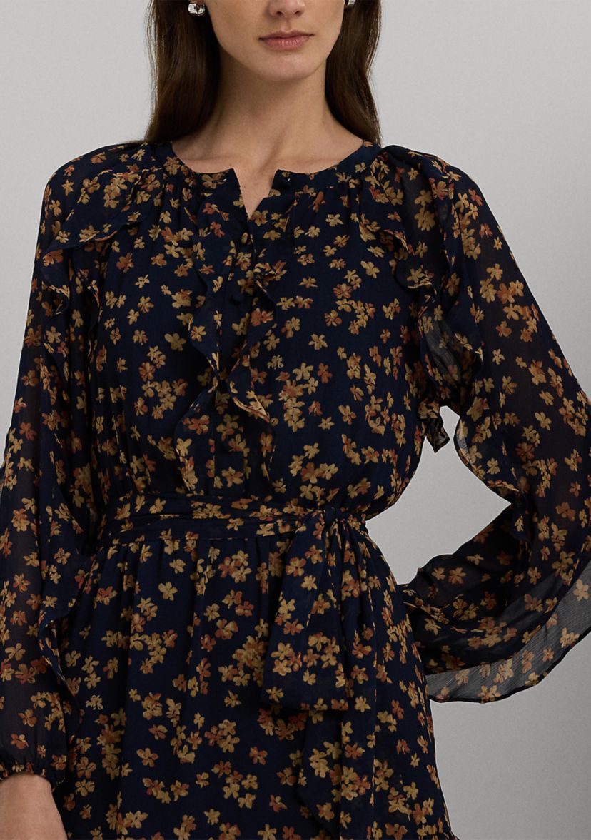Womens Floral Ruffle-Trim Georgette Dress