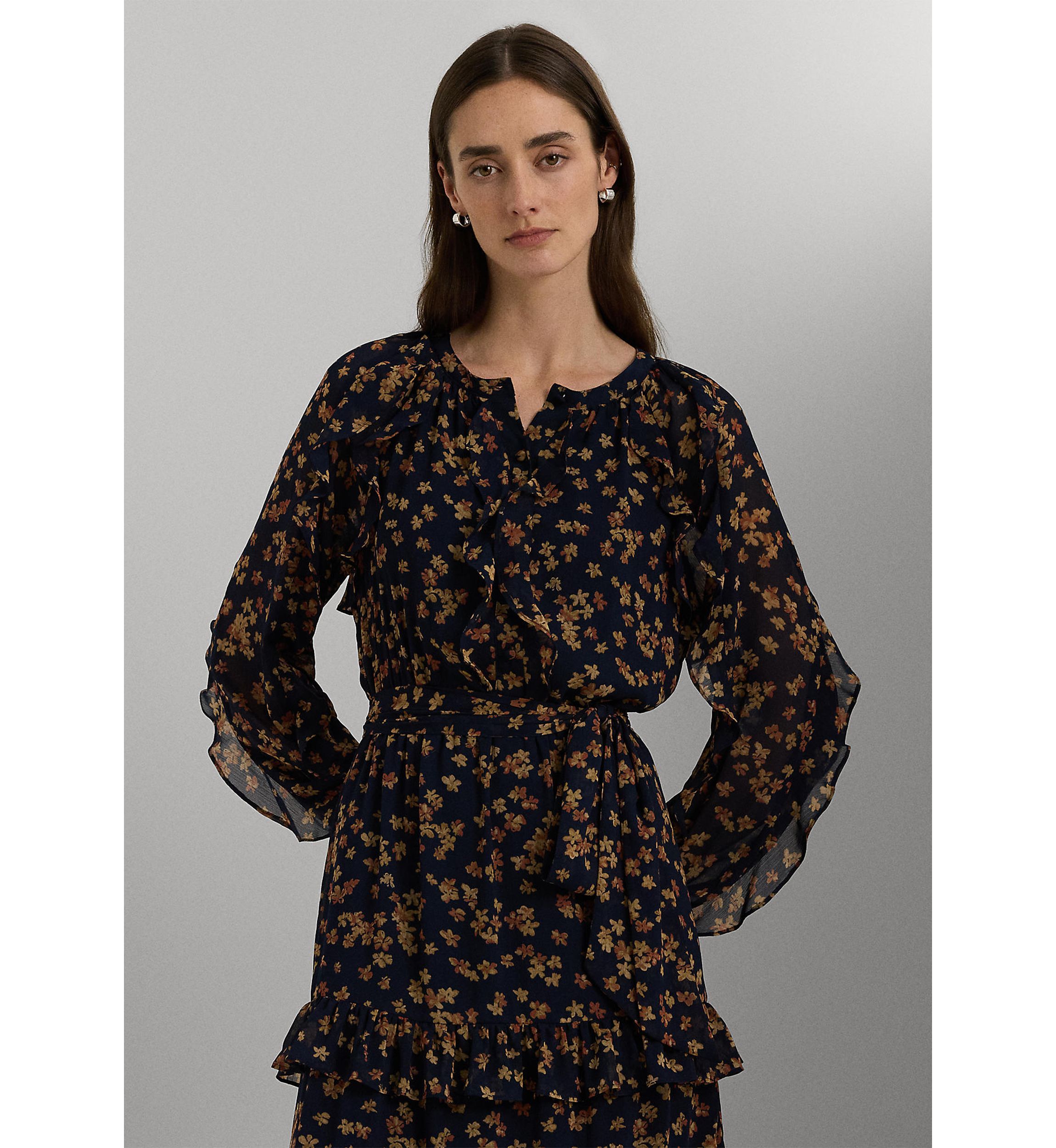 Womens Floral Ruffle-Trim Georgette Dress