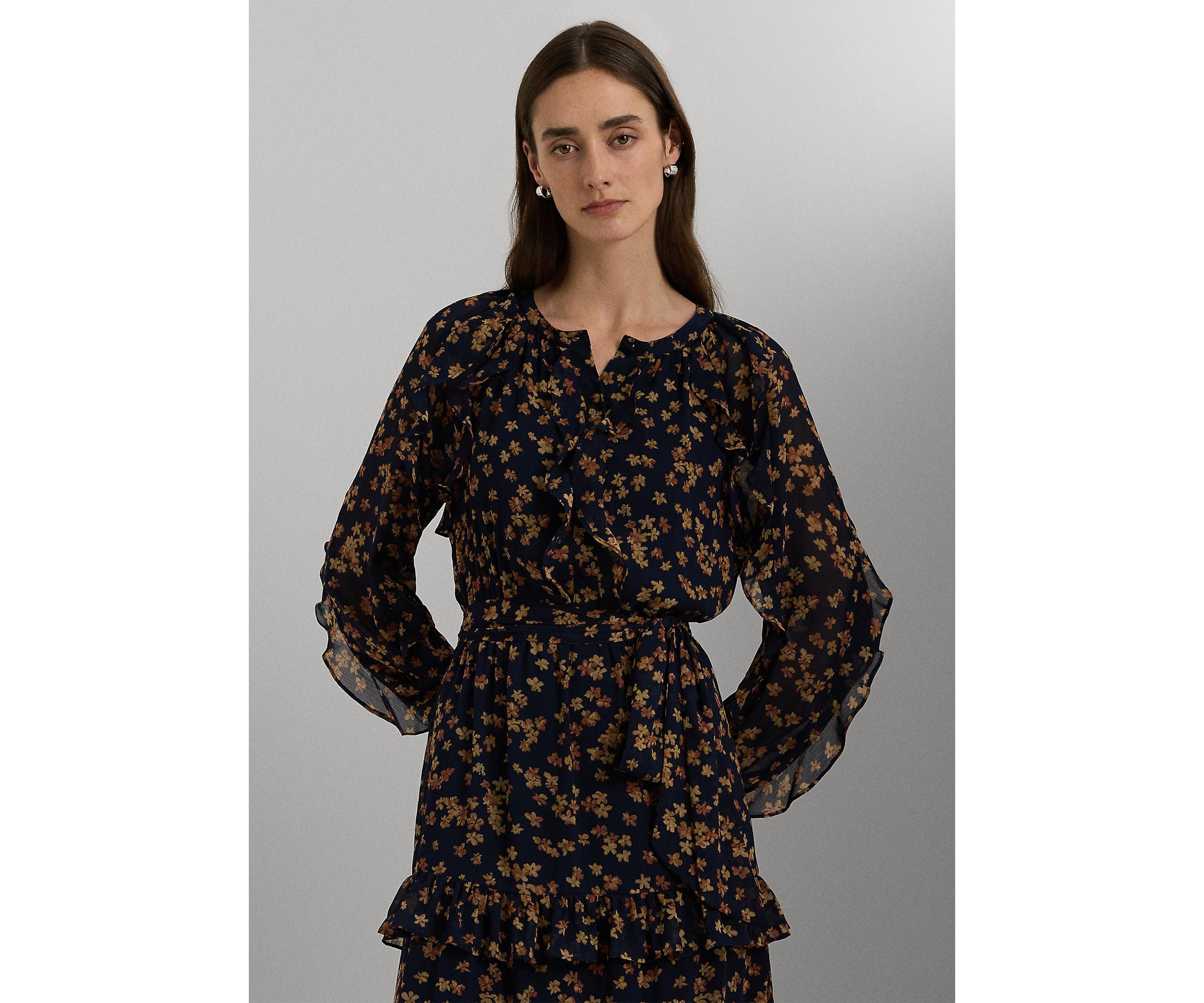 Womens Floral Ruffle-Trim Georgette Dress