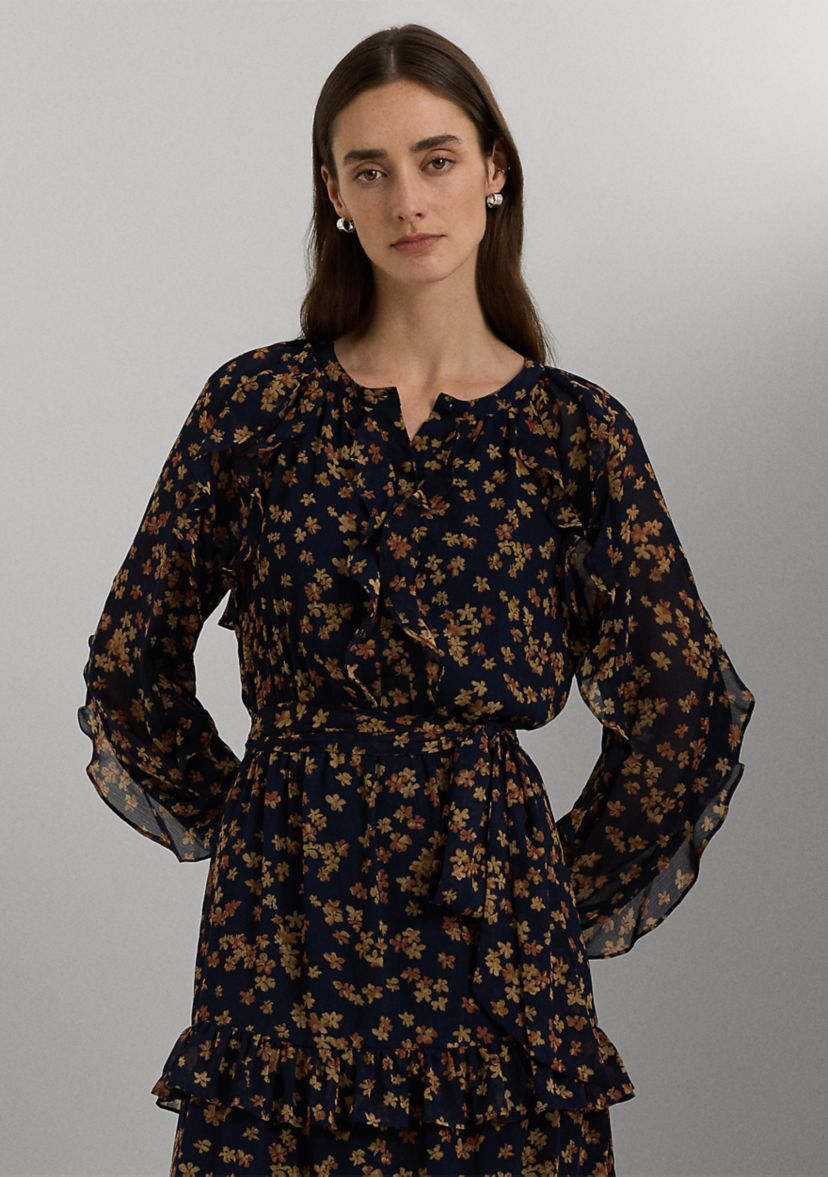 Womens Floral Ruffle-Trim Georgette Dress