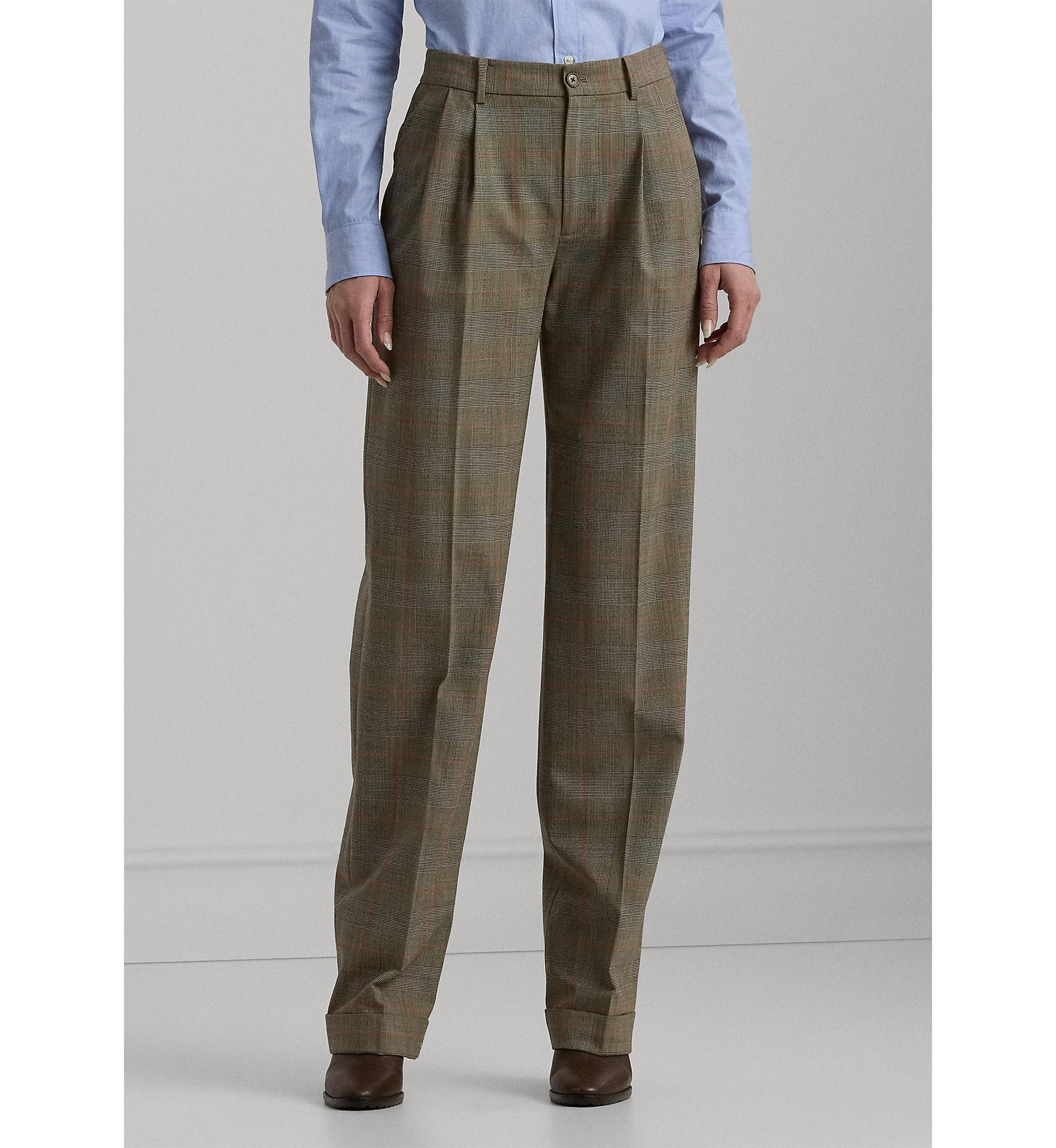 Glen Check Pleated Stretch Wool Pants