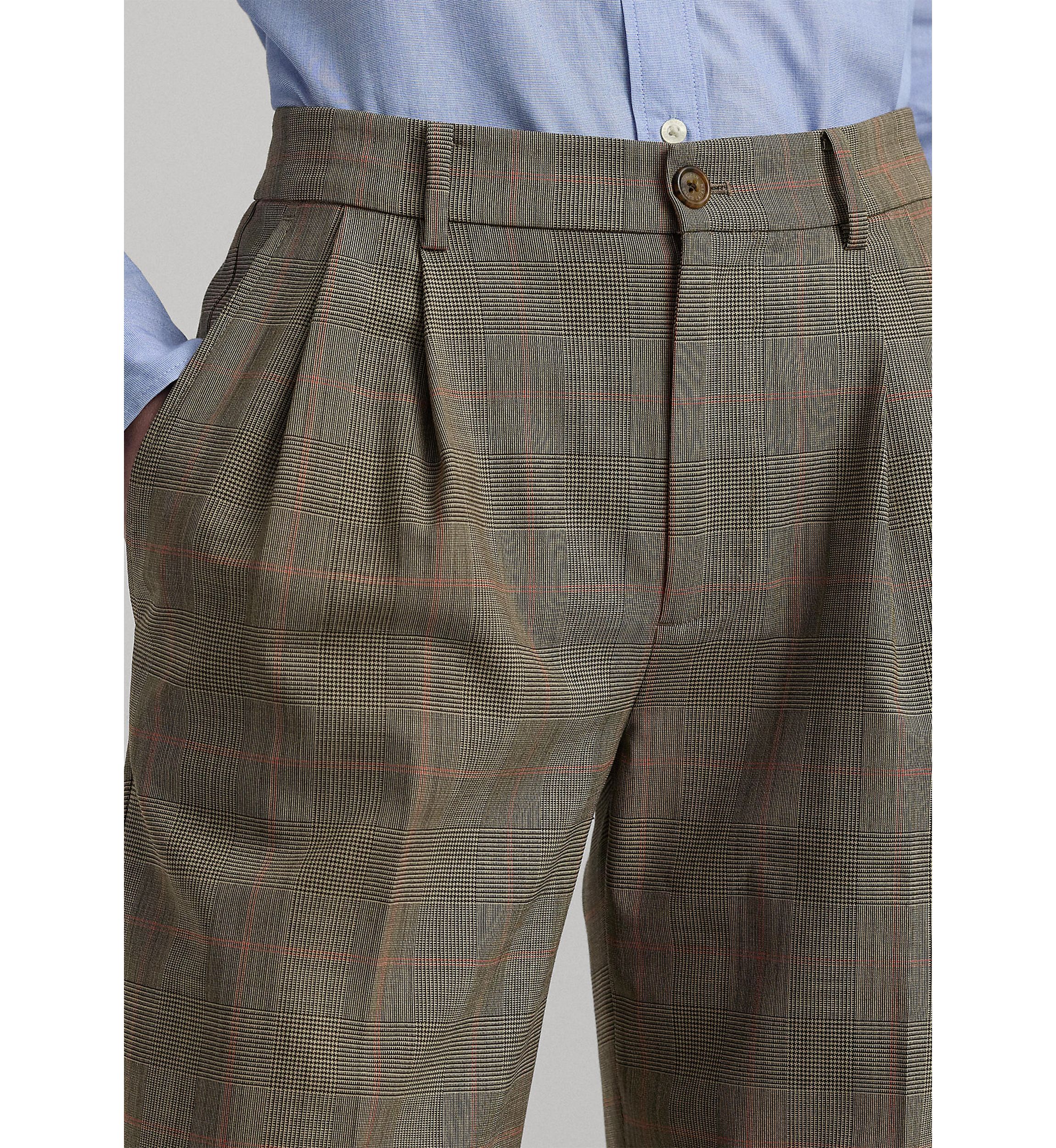 Glen Check Pleated Stretch Wool Pants