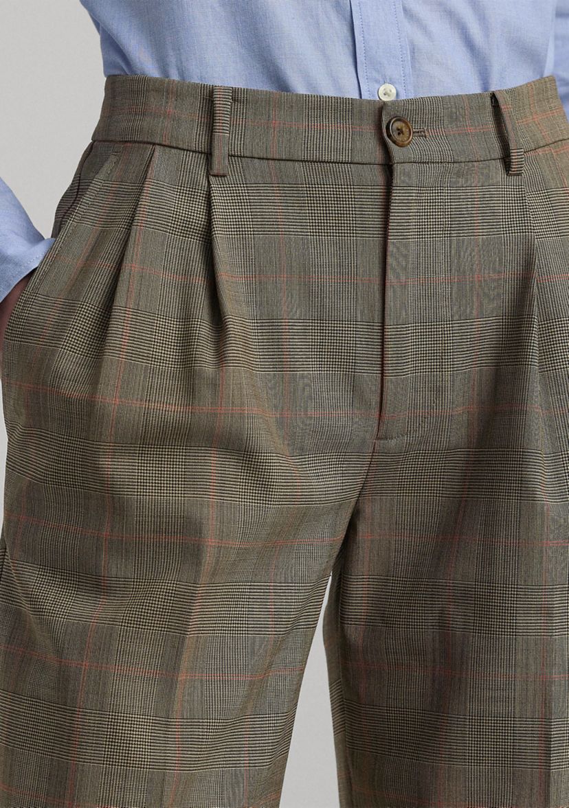 Glen Check Pleated Stretch Wool Pants