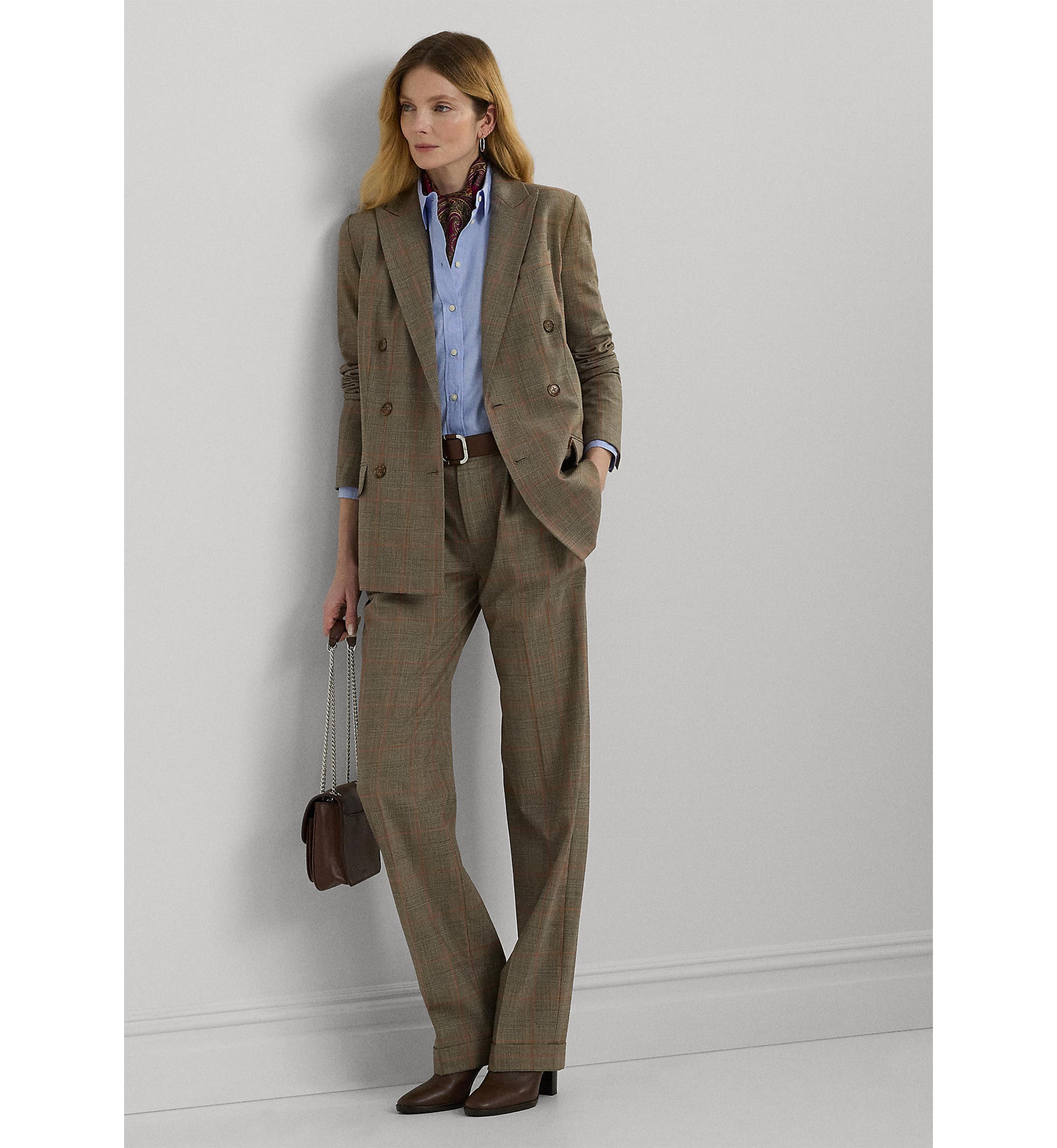 Glen Check Pleated Stretch Wool Pants