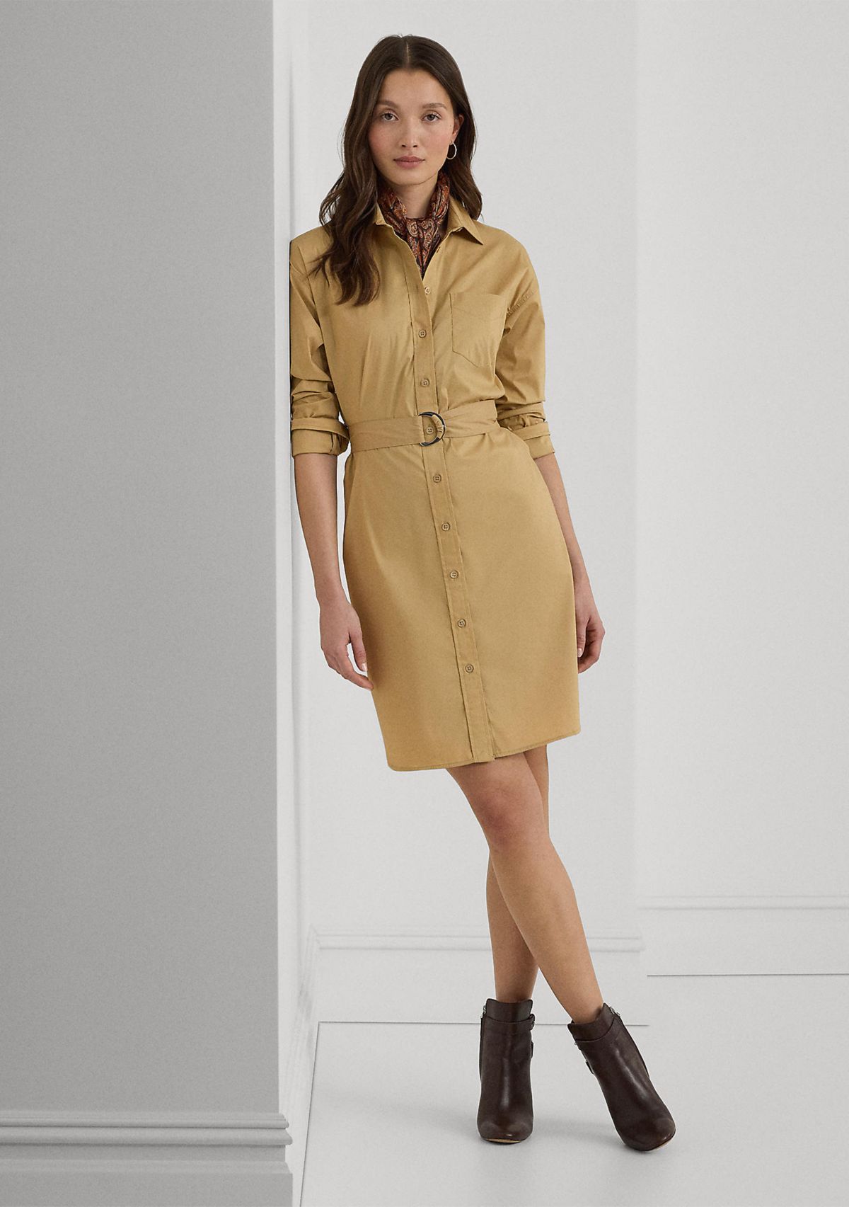 Belted Stretch Cotton Blend Shirtdress