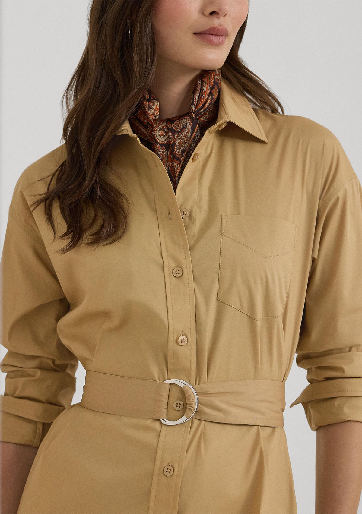 Belted Stretch Cotton Blend Shirtdress