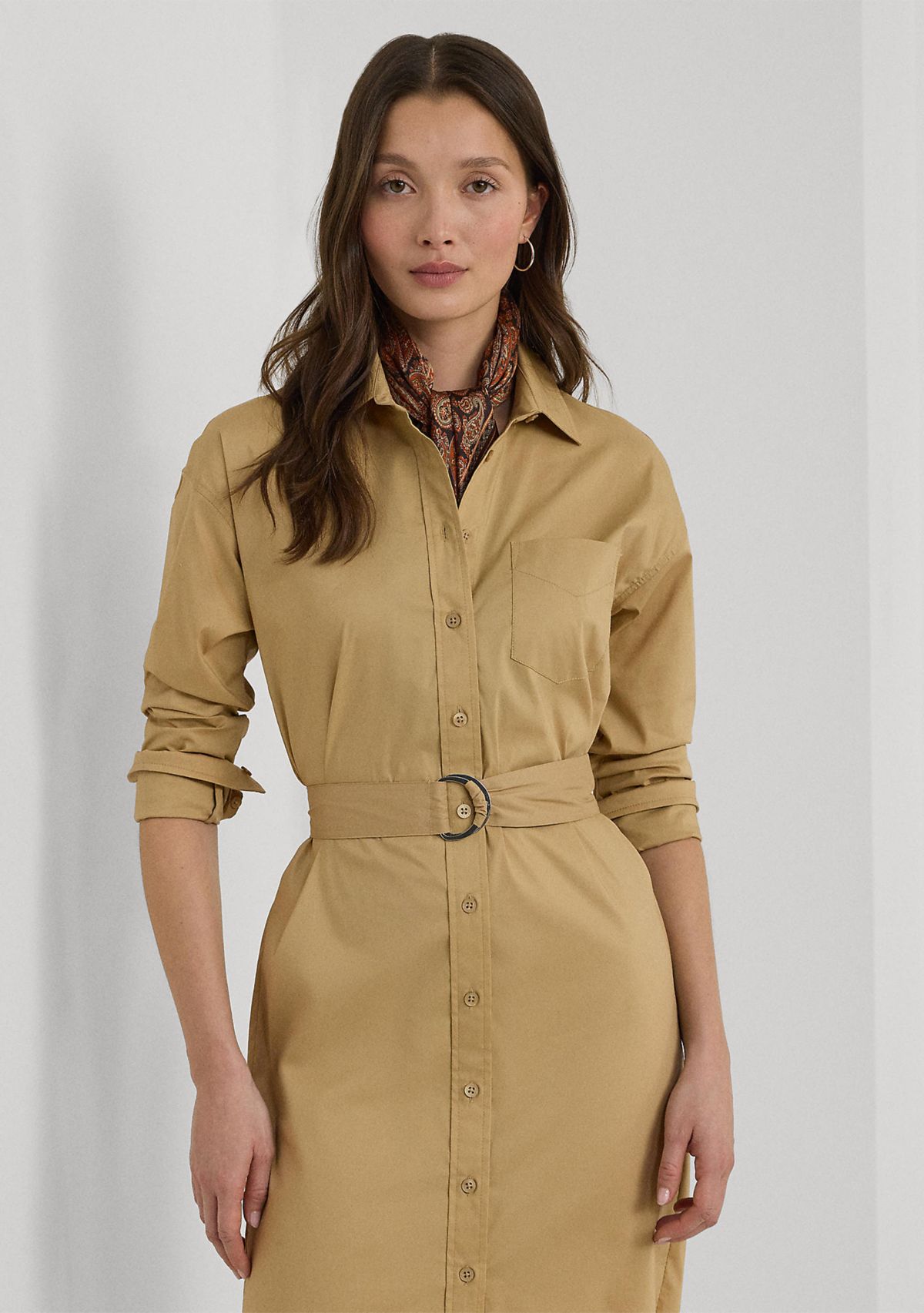 Belted Stretch Cotton Blend Shirtdress