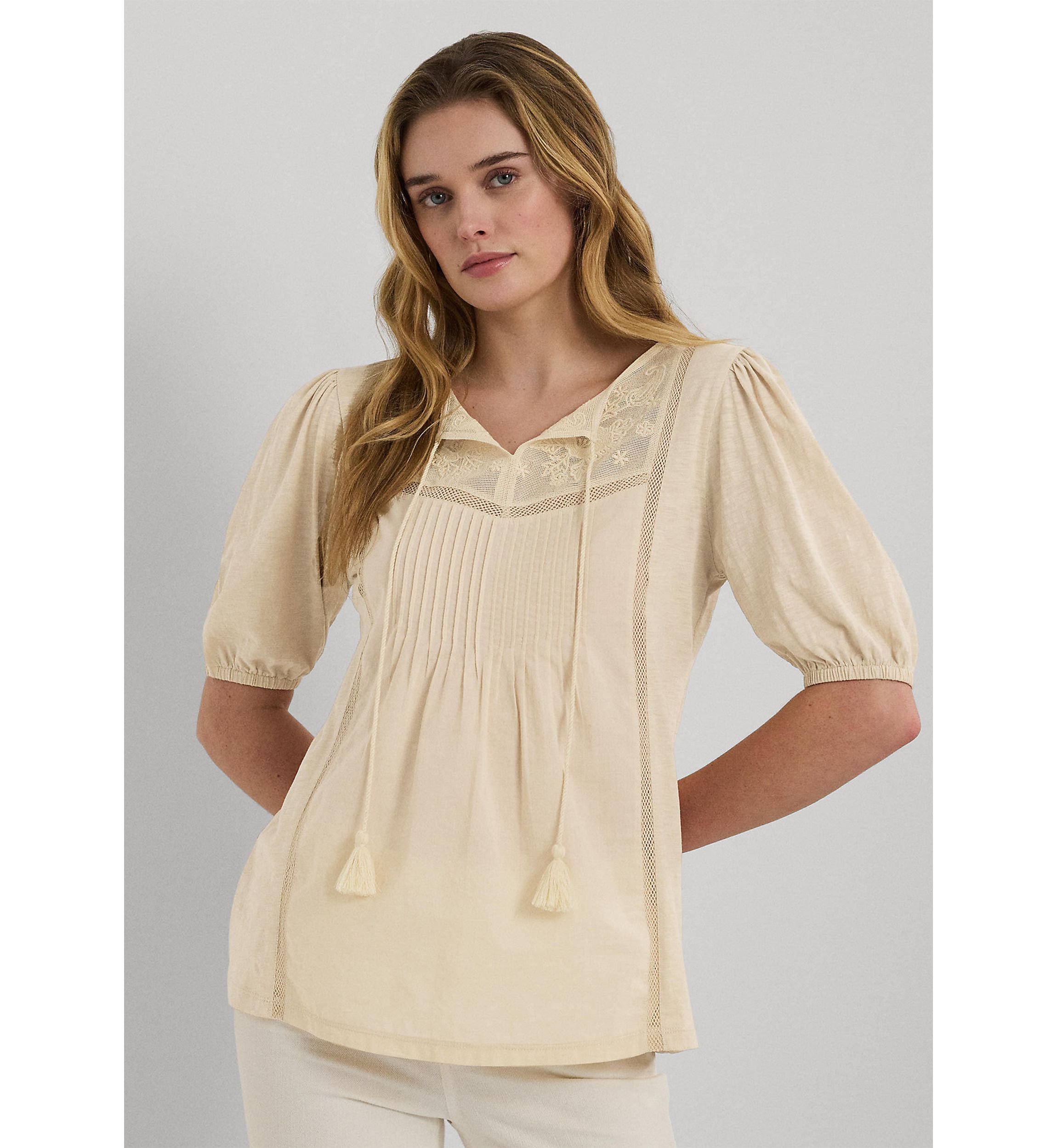 Embroidered Jersey Tie Neck Top