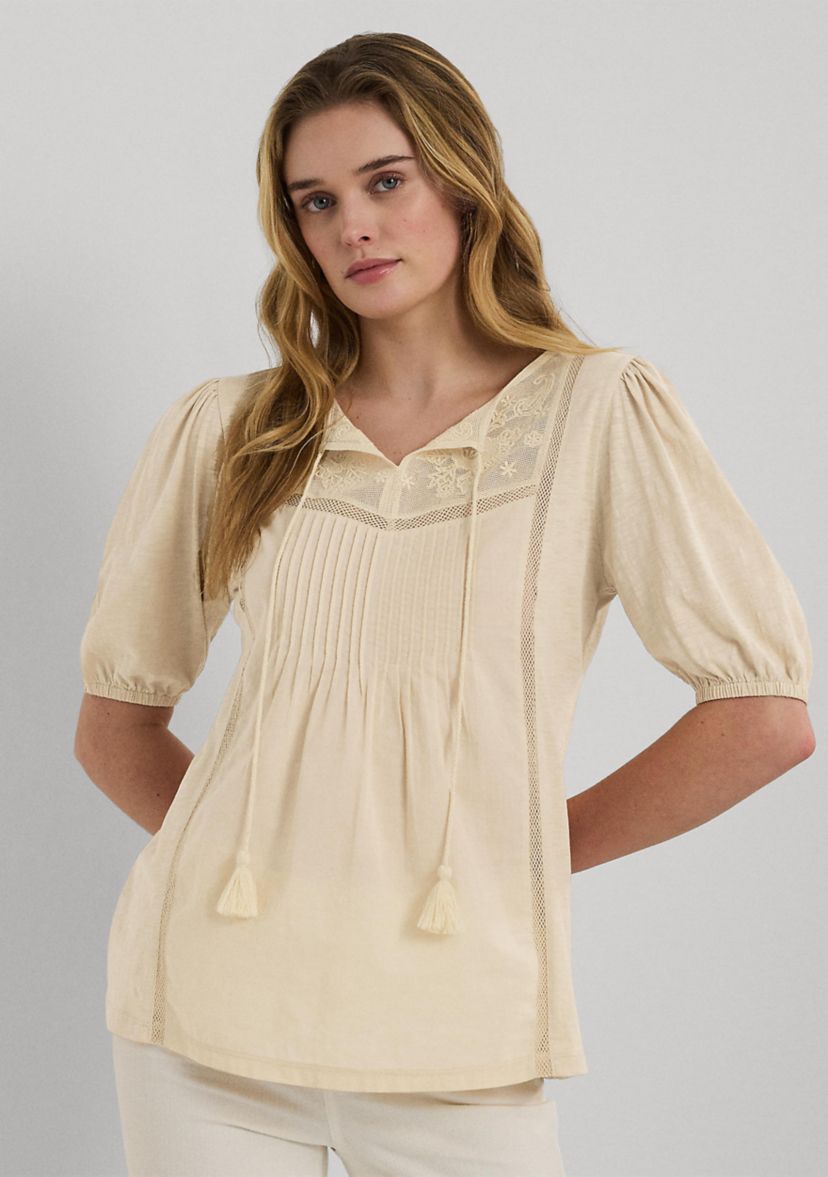 Embroidered Jersey Tie Neck Top