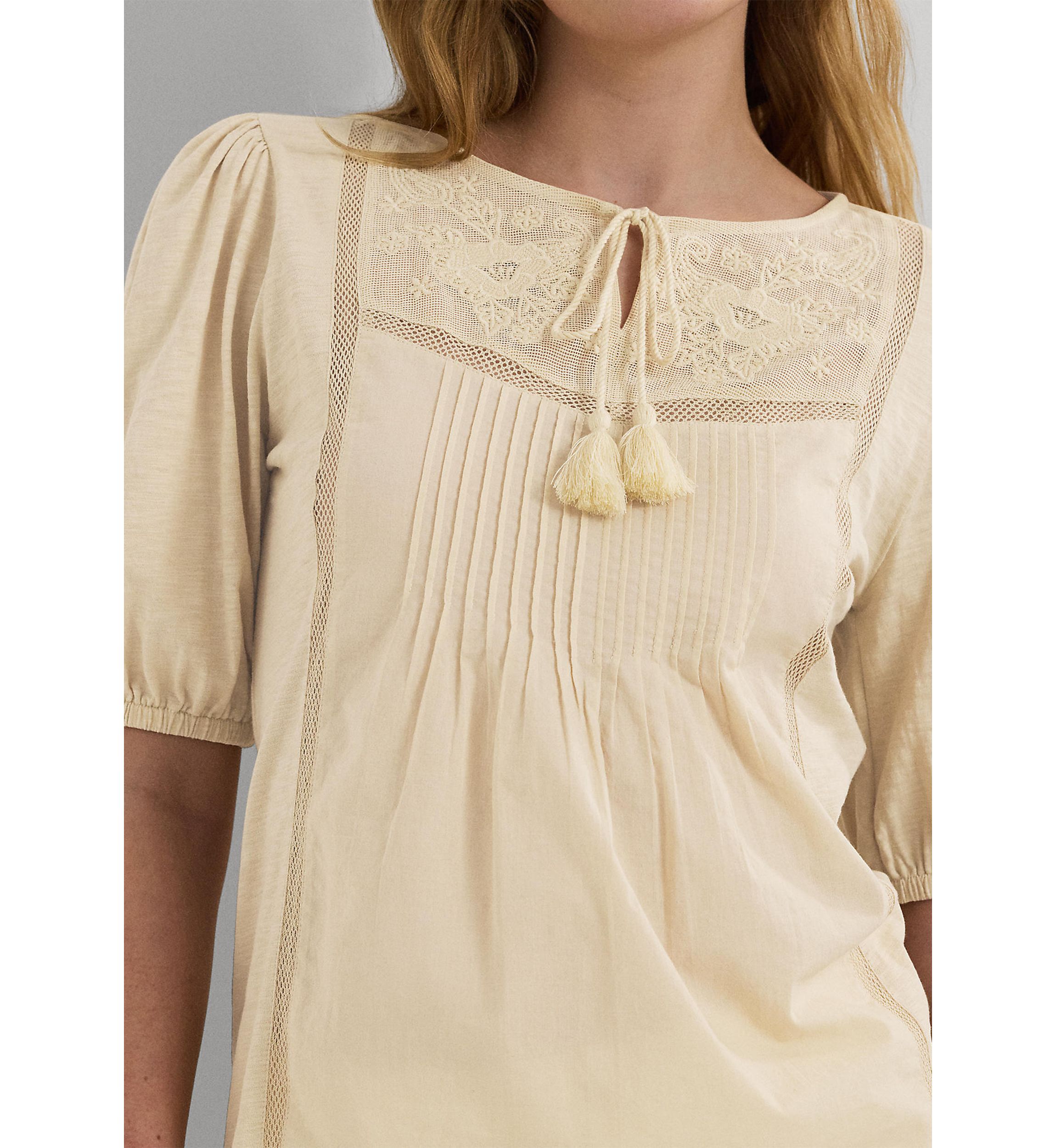 Embroidered Jersey Tie Neck Top