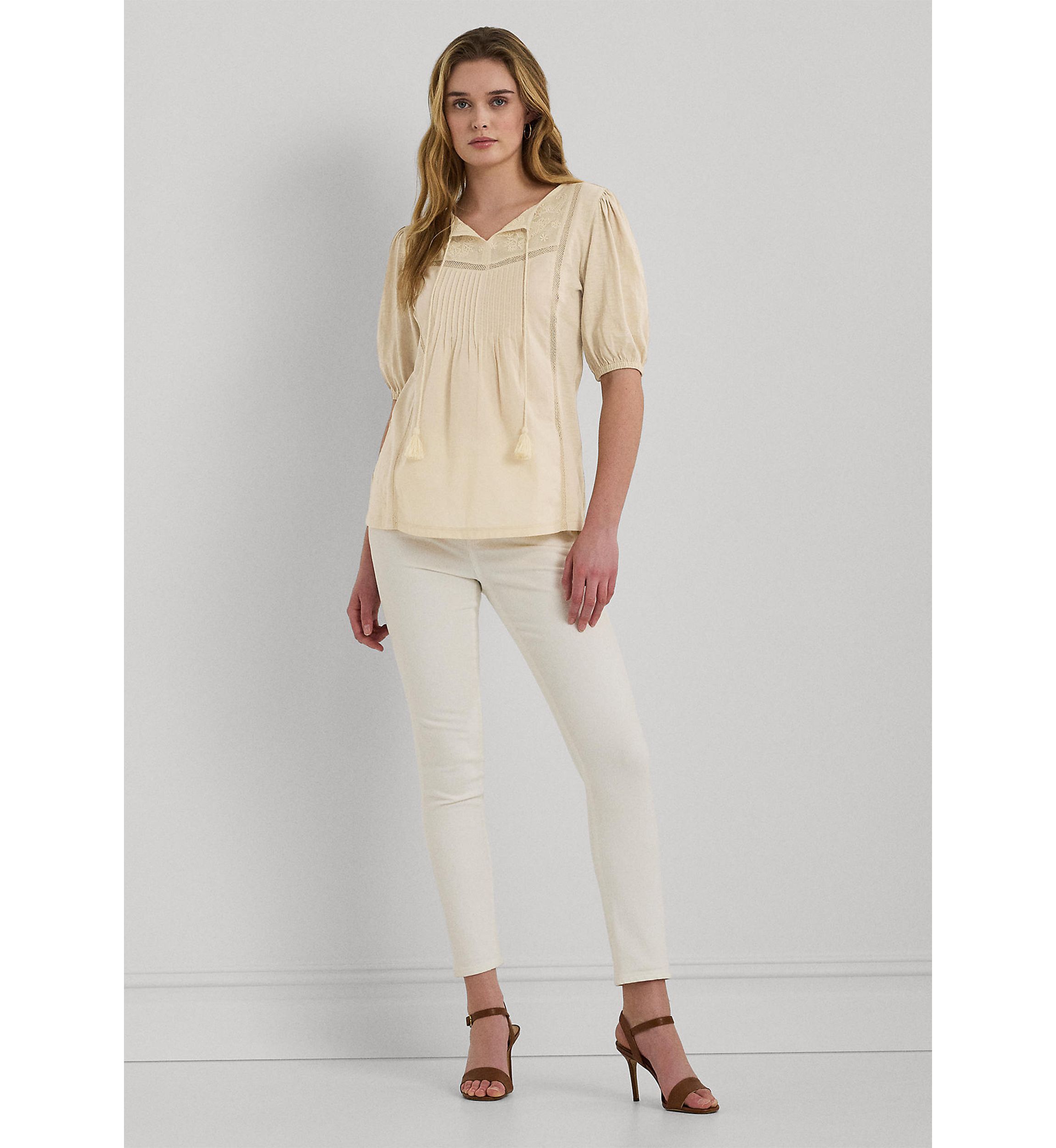 Embroidered Jersey Tie Neck Top