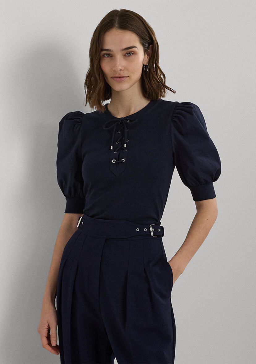 Lace Up Stretch Cotton Puff Sleeve Top