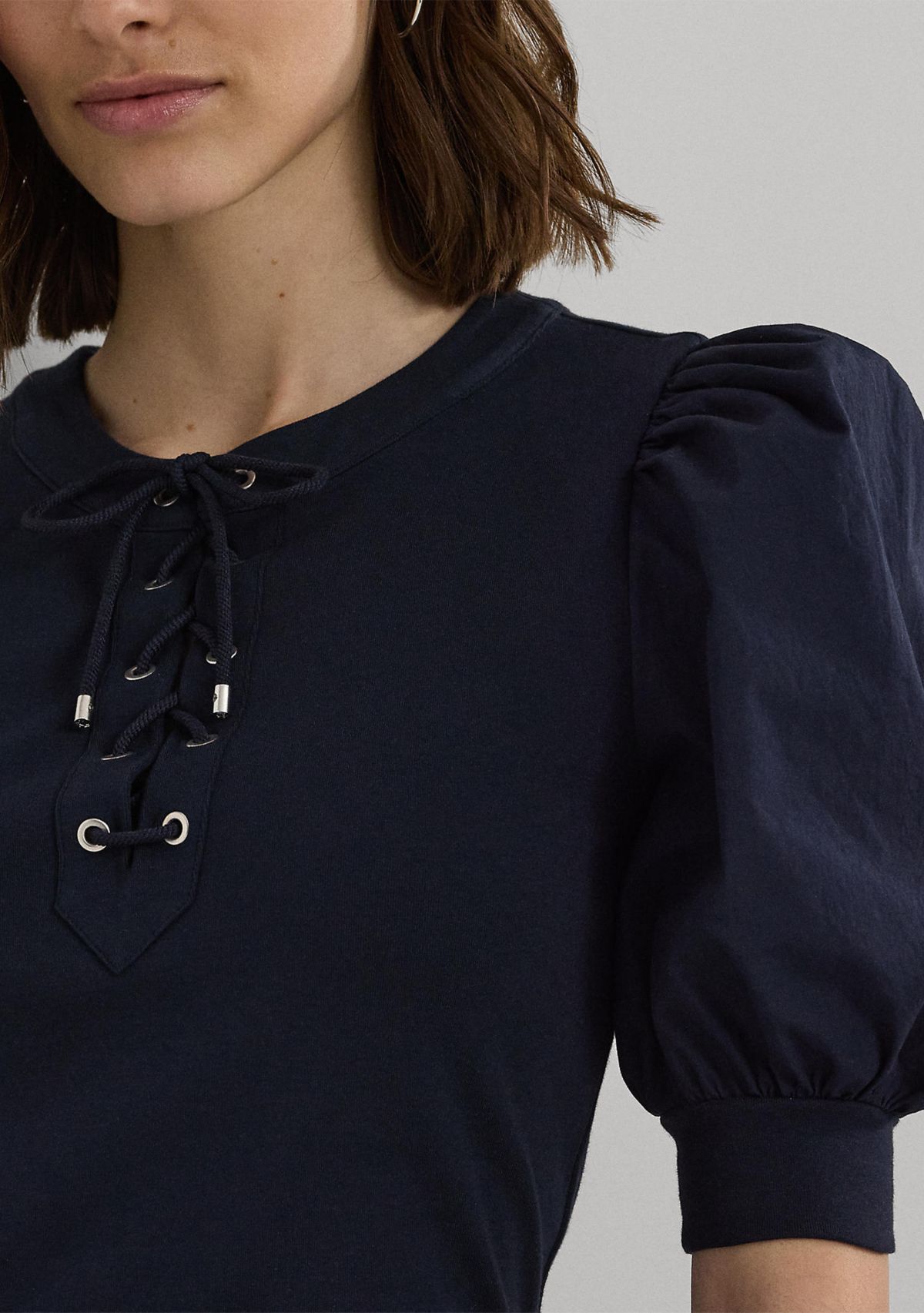 Lace Up Stretch Cotton Puff Sleeve Top