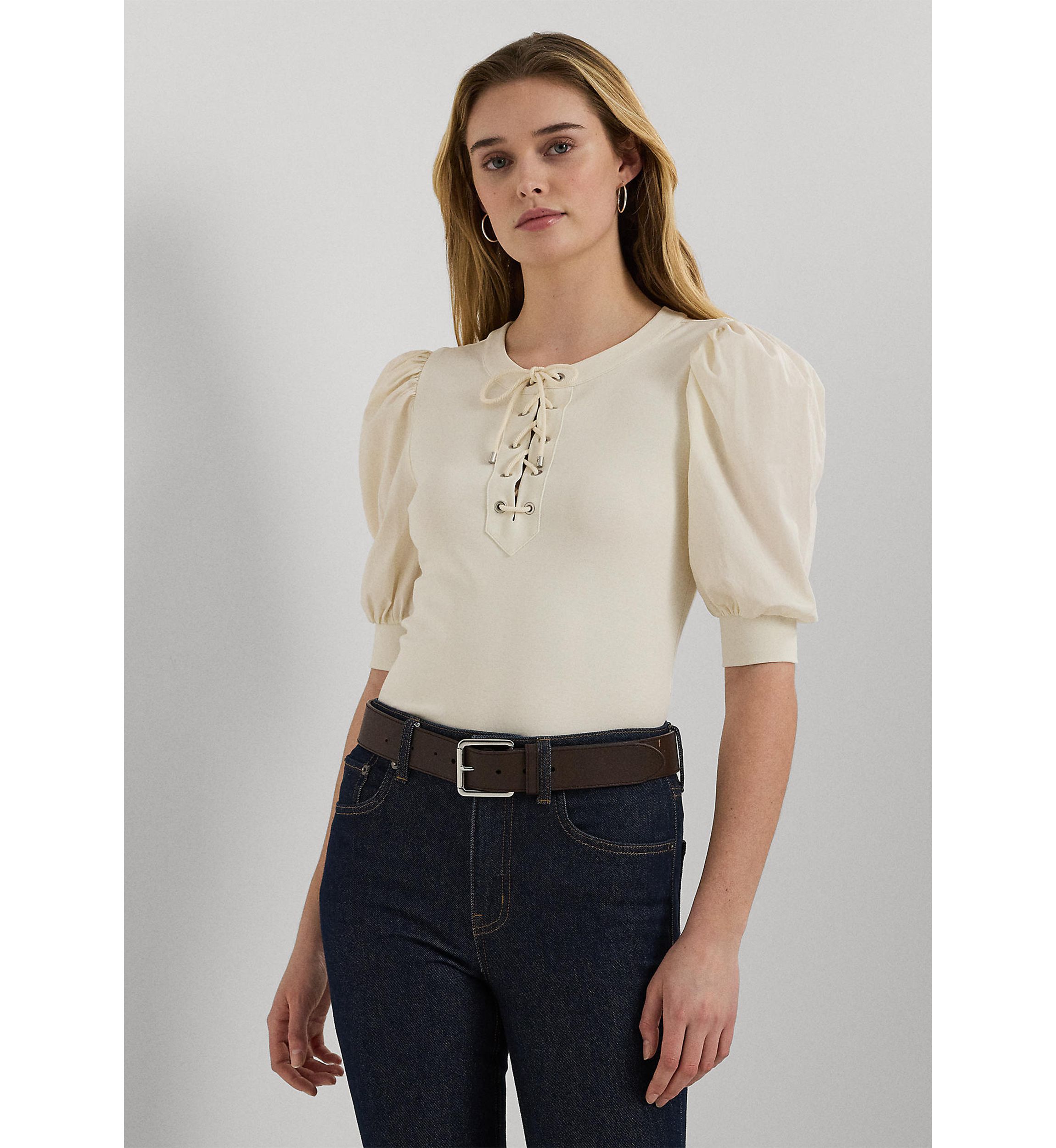Lace Up Stretch Cotton Puff Sleeve Top
