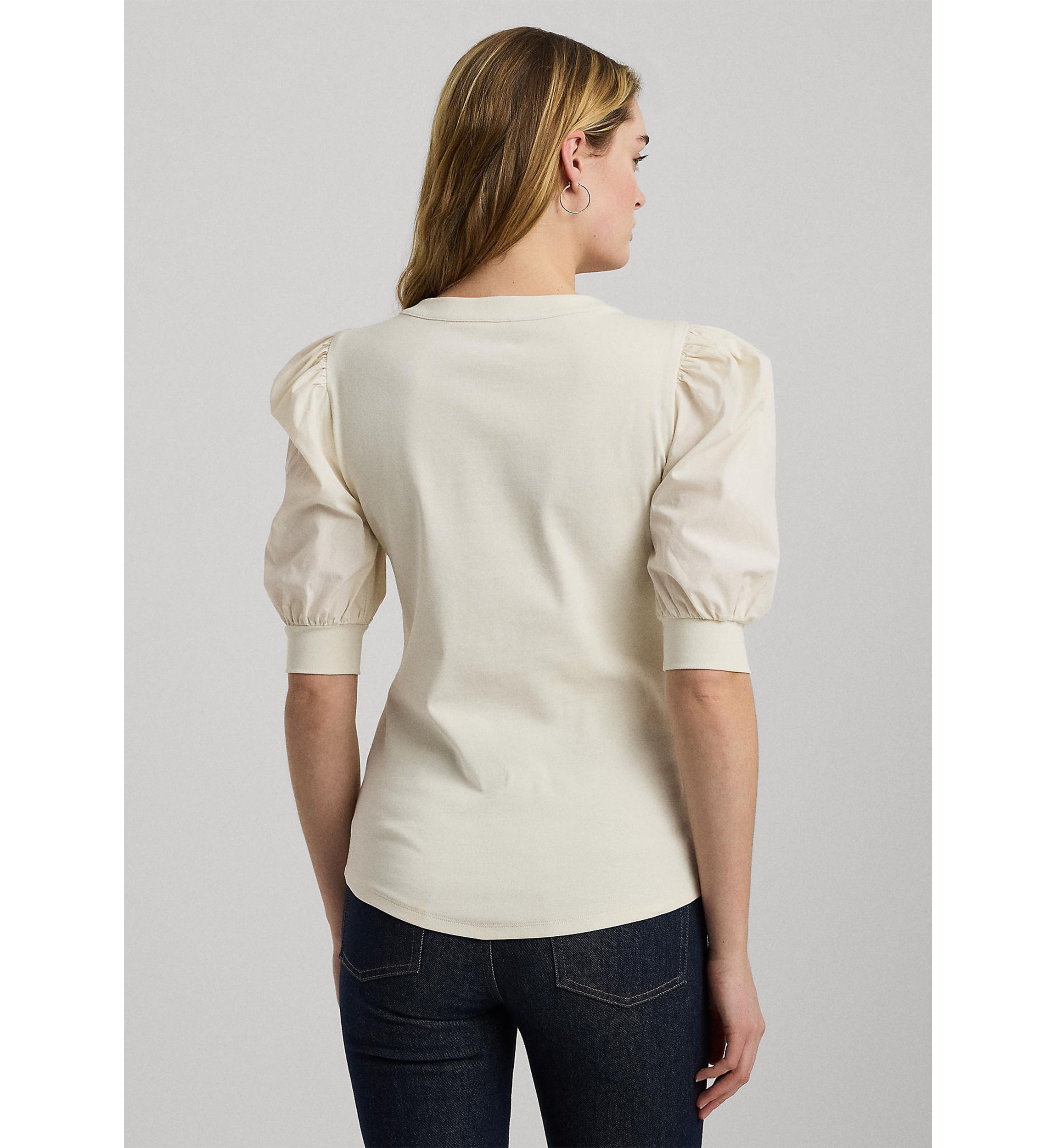 Lace Up Stretch Cotton Puff Sleeve Top