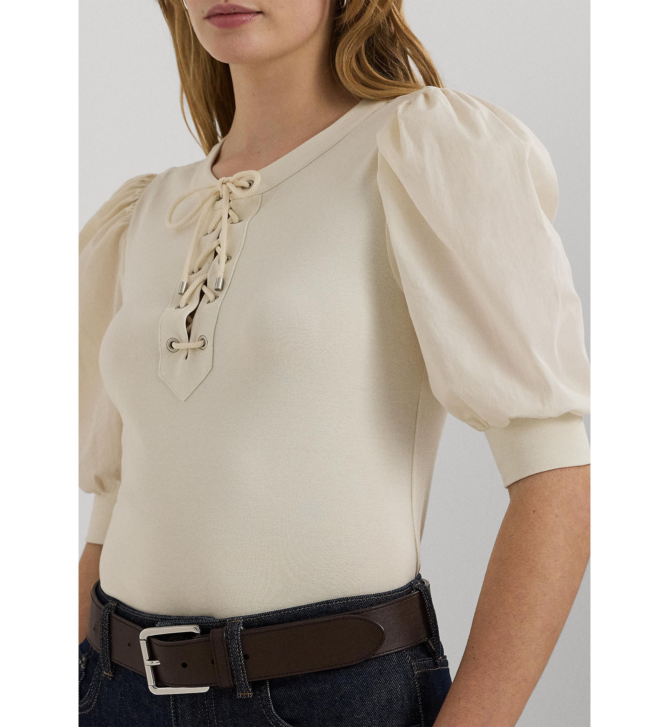 Lace Up Stretch Cotton Puff Sleeve Top