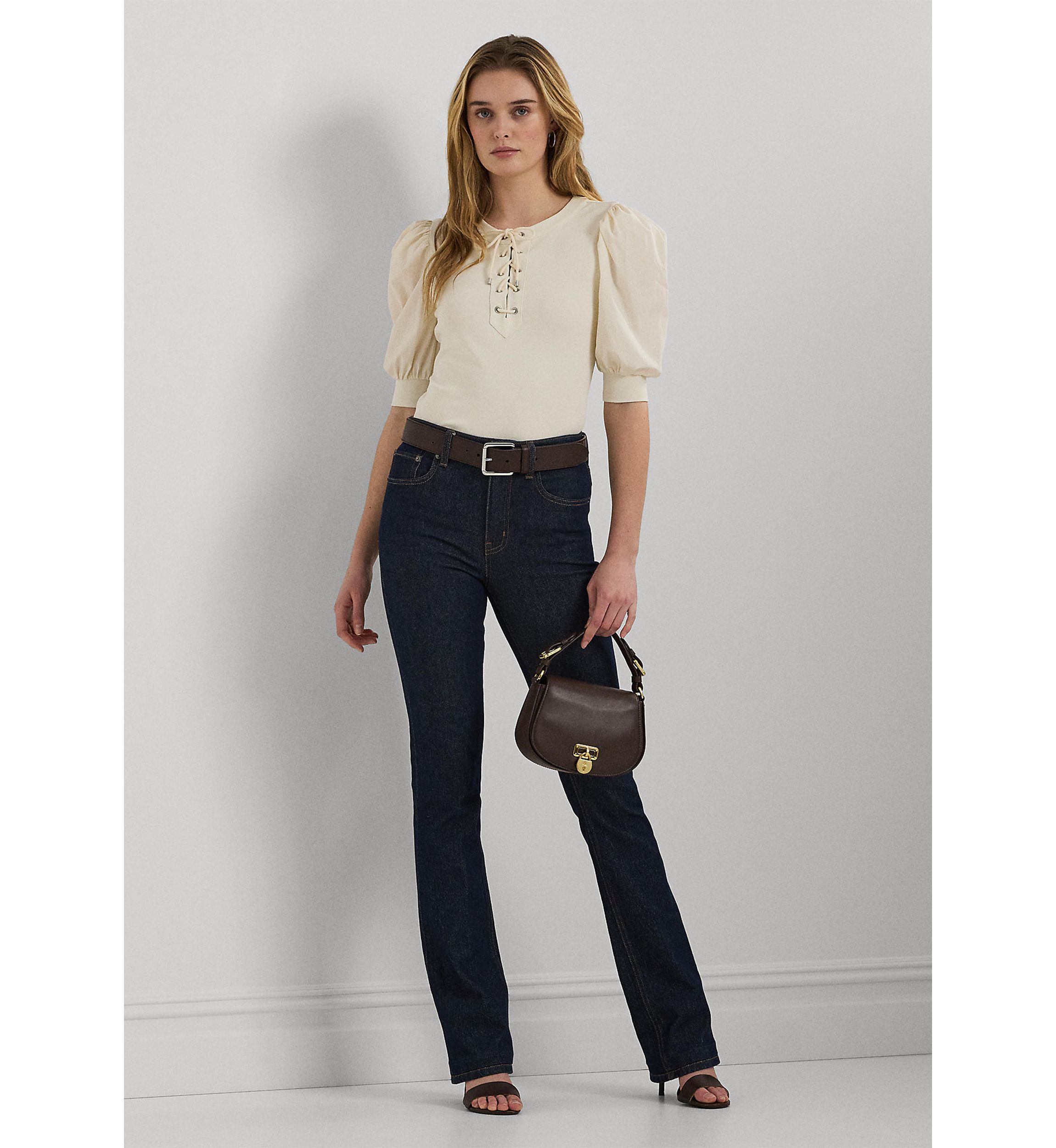 Lace Up Stretch Cotton Puff Sleeve Top