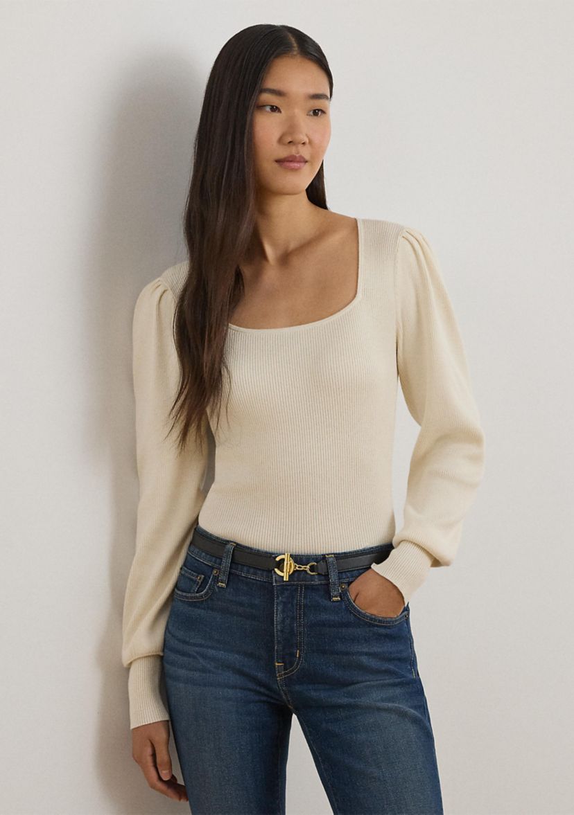 Womens Rib-Knit Puff-Sleeve Sweater