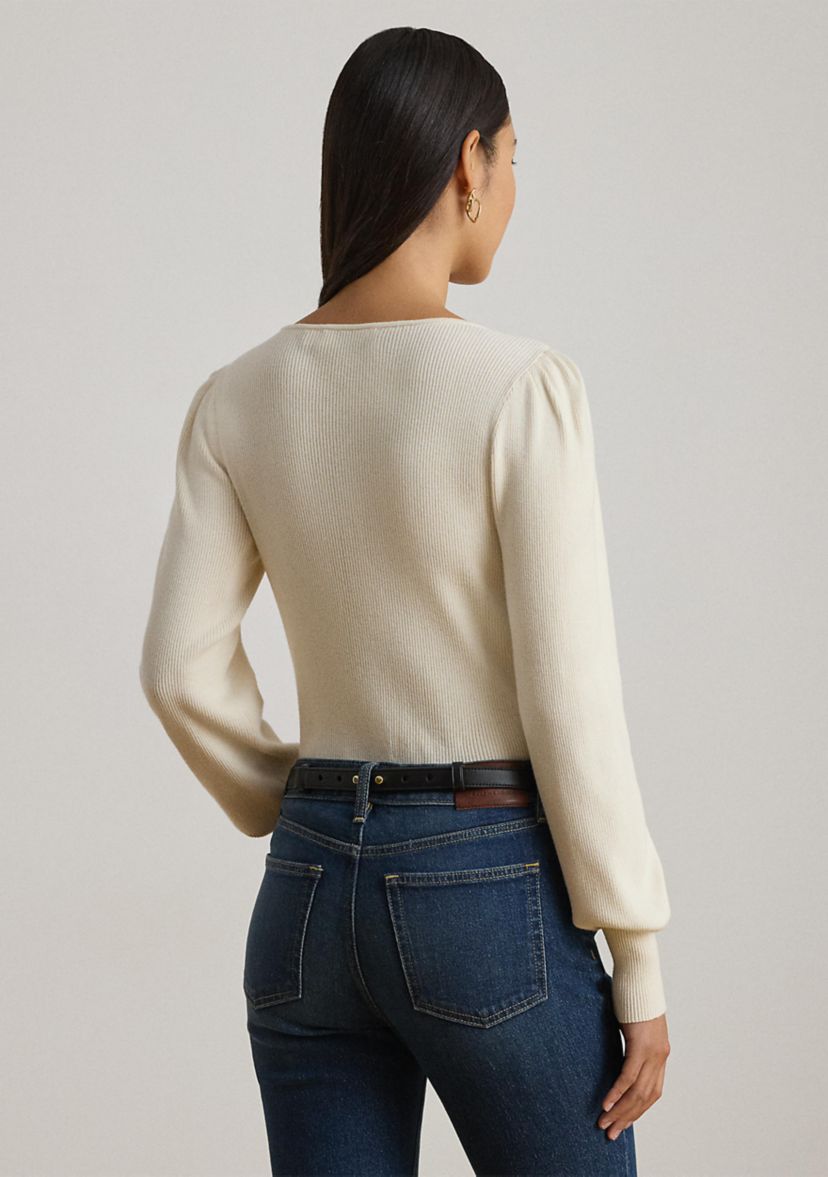 Womens Rib-Knit Puff-Sleeve Sweater